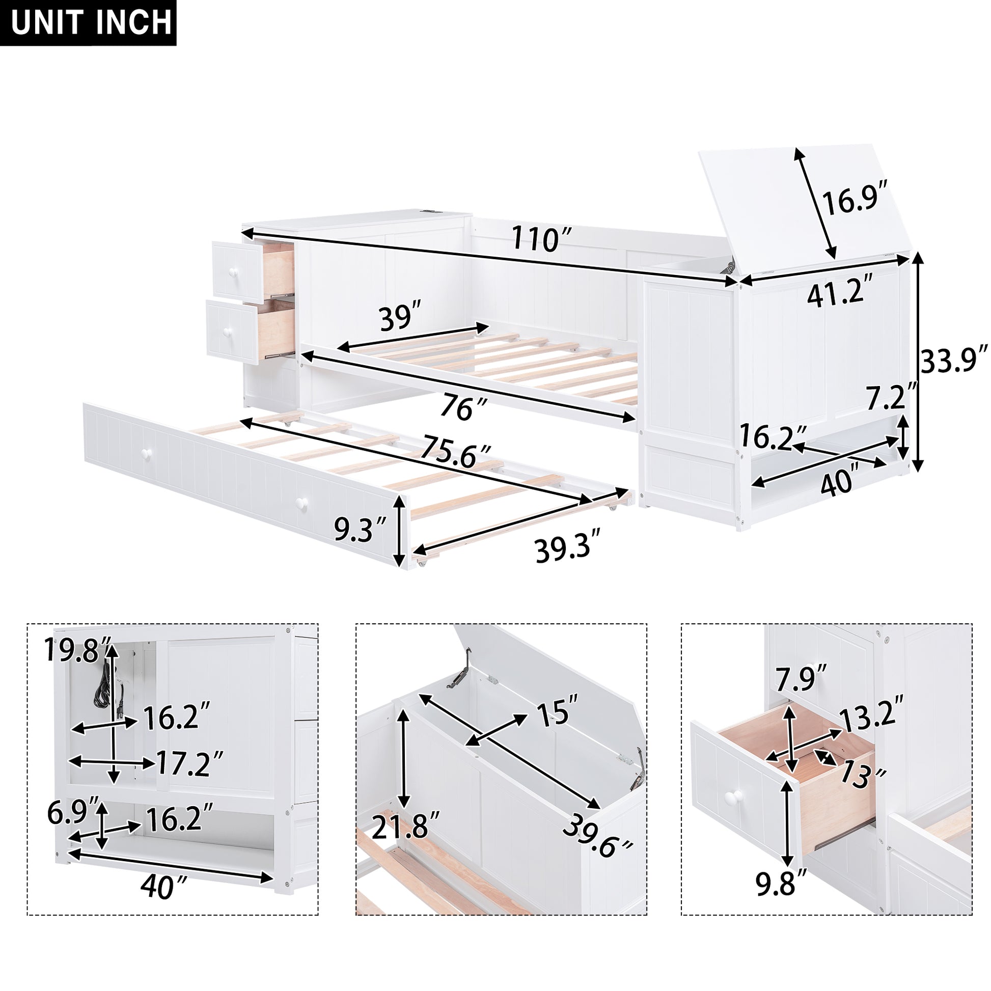 Twin Size Daybed With Storage Arms, Trundle And Charging Station, White Box Spring Not Required Twin White Wood Daybeds Solid Wood Mdf