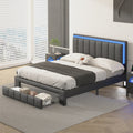 Upholstered Platform Bed With Led Lights And Two Motion Activated Night Lights,Queen Size Storage Bed With Drawer, Black Black Pu