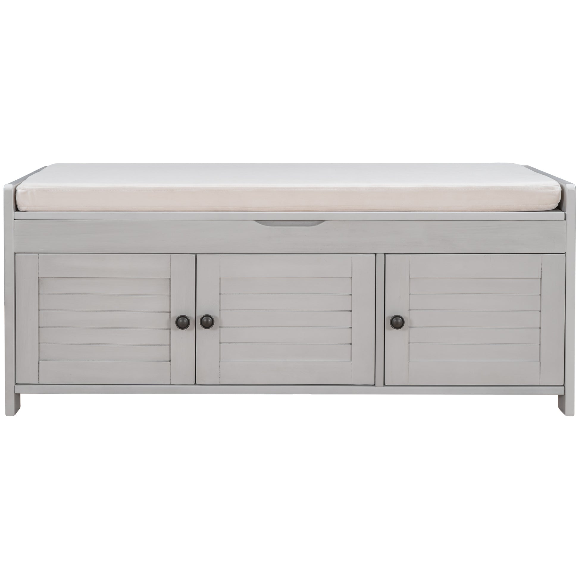 Storage Bench With 3 Shutter Shaped Doors, Shoe Bench With Removable Cushion And Hidden Storage Space Gray Wash, Old Sku: Wf284226Aae Gray Wash Mdf