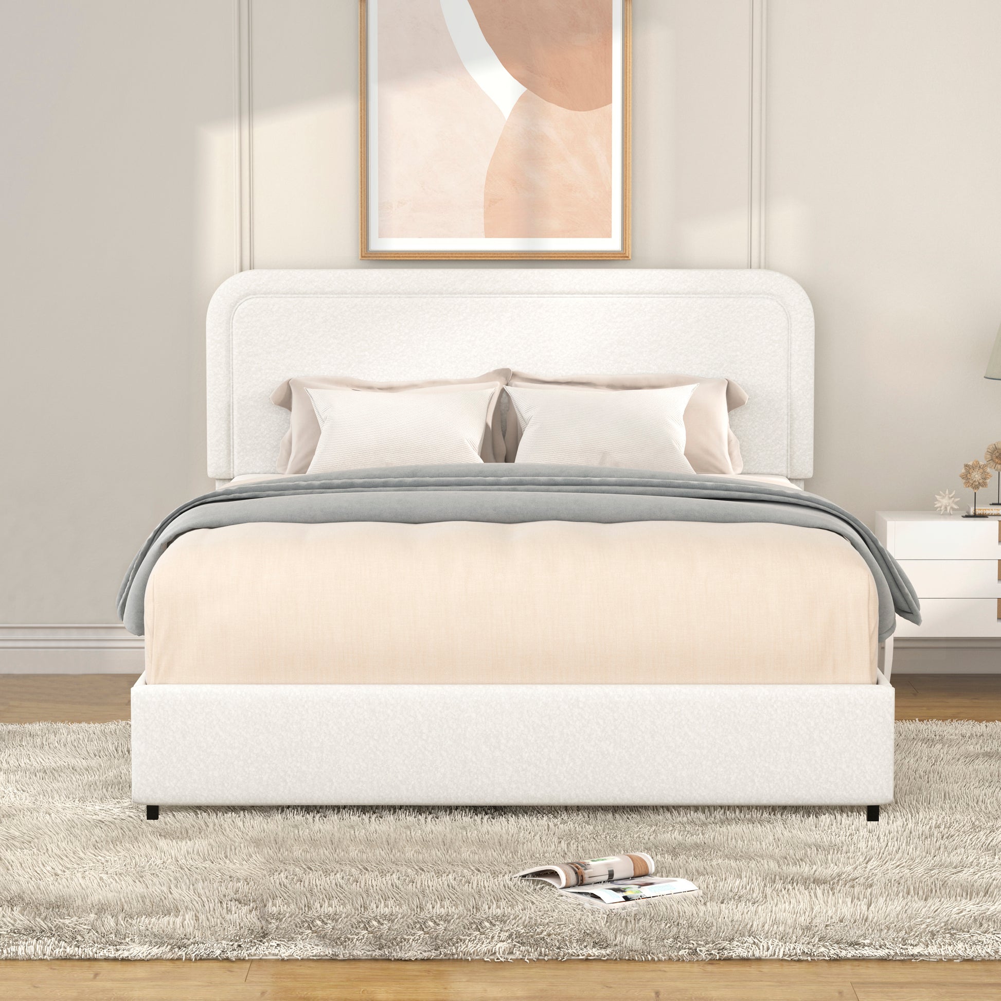 Liv Patented 2 Drawers Storage Bed Queen Size Ivory Boucle Upholstered Platform Bed, Curved Stitched Tufted Headboard, Wooden Slat Mattress Support, No Box Spring Needed Box Spring Not Required