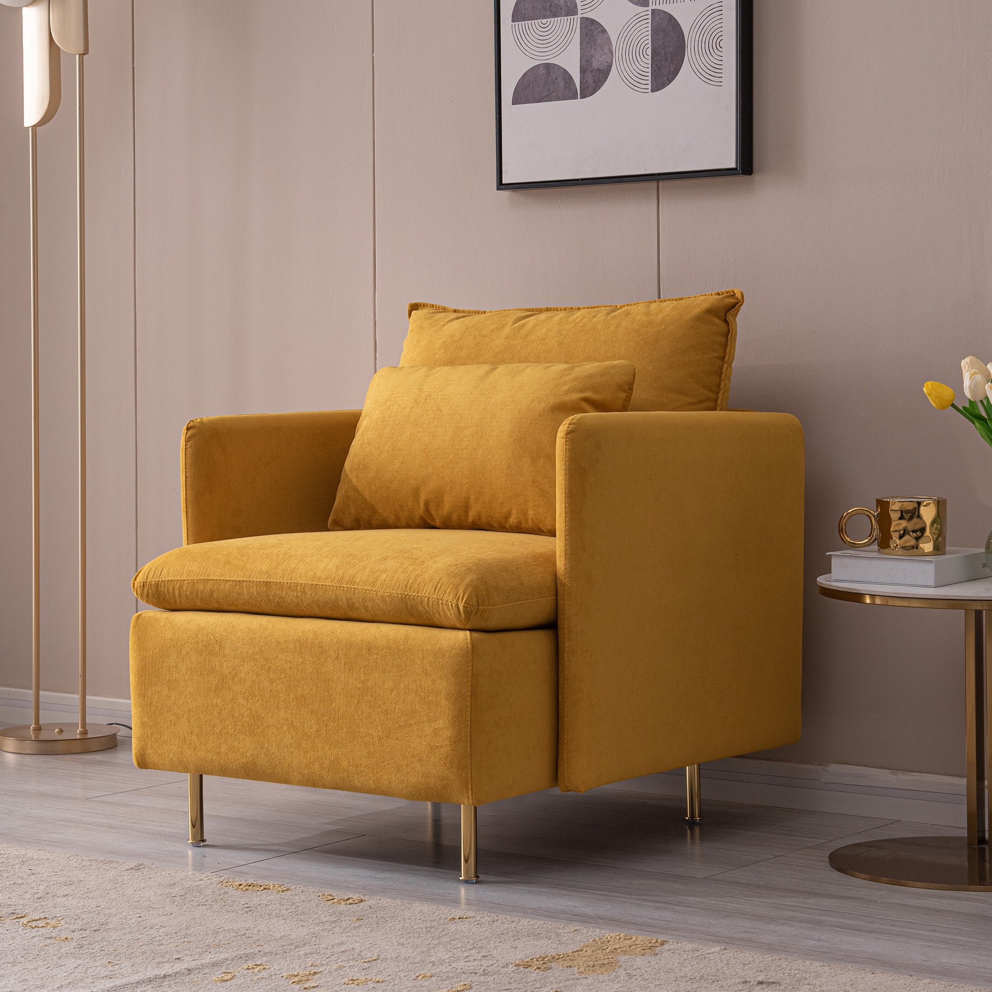 Modern Fabric Accent Armchair,Upholstered Single Sofa Chair,Yellow Cotton Linen 30.7'' Yellow Foam Cotton Linen 1 Seat
