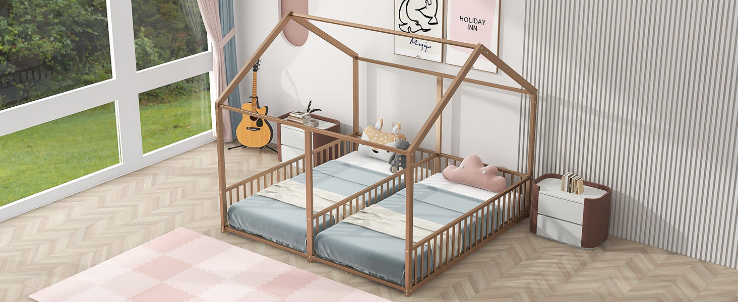 Metal Twin Size House Platform Beds, Two Shared Beds, Gold Box Spring Not Required Twin Gold Metal Bedroom Metal