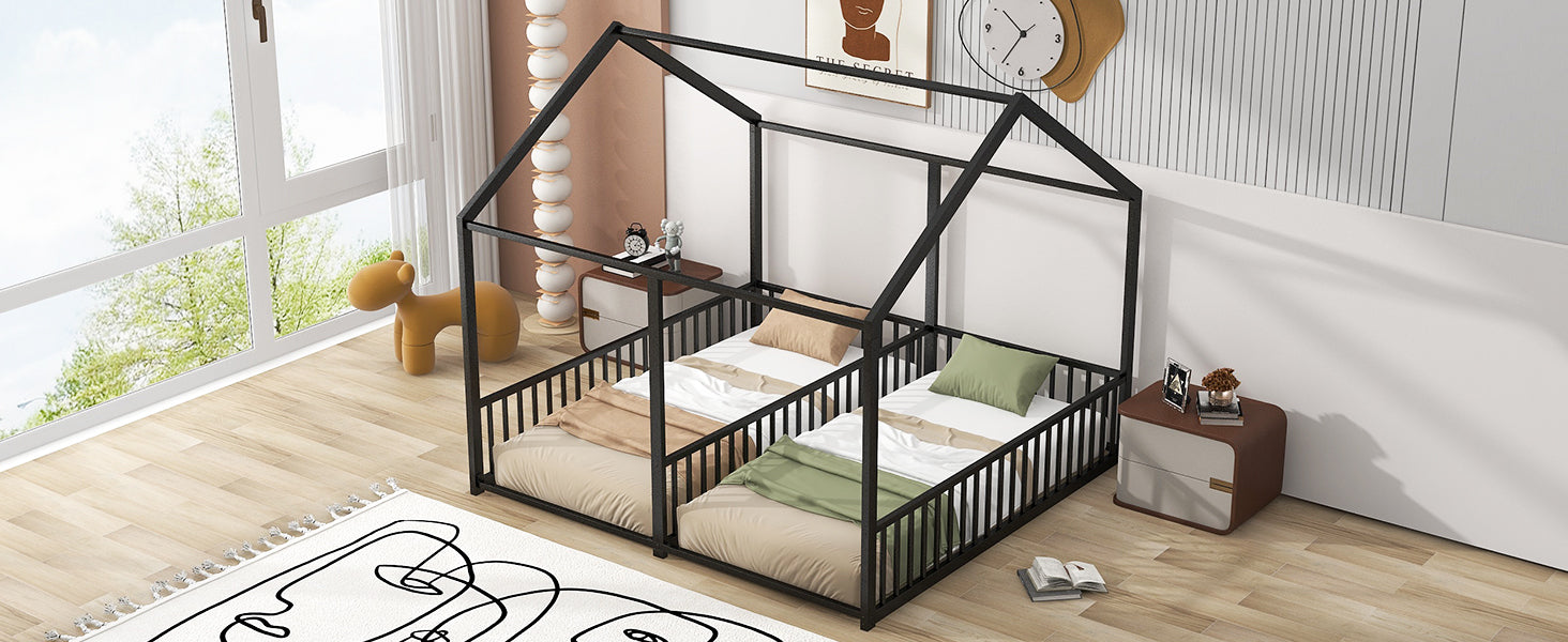 Metal Twin Size House Platform Beds, Two Shared Beds, Black Box Spring Not Required Twin Black Metal Bedroom Metal