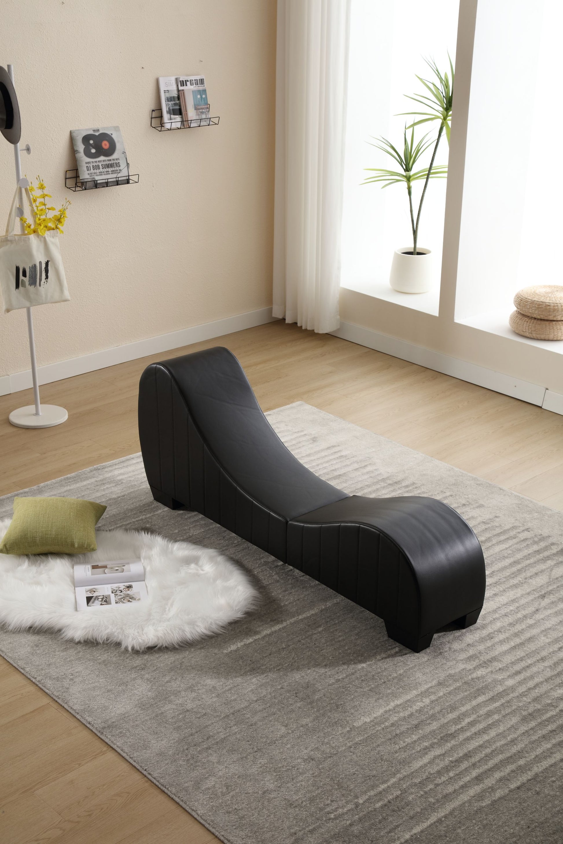 Factory Direct Yoga Chaise Lounge Collection For Stretching & Relaxation Modern Faux Leather Curved Sofa, Modern Faux Leather Curved Sofa, Living Room Bedroom Accent Black American Design Plywood Pvc