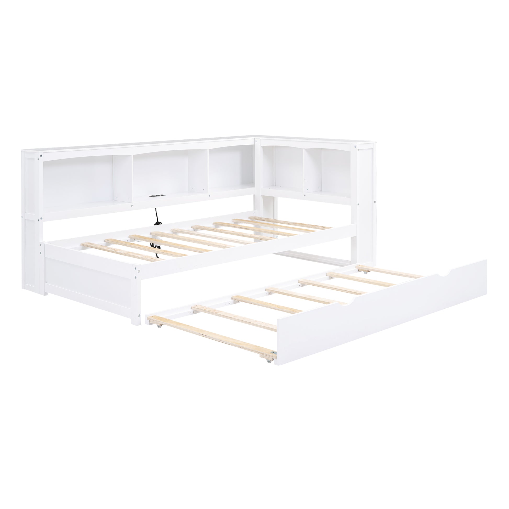 Twin Size Daybed With Trundle, Storage Cabinets And Usb Ports, White Box Spring Not Required Twin White Wood Solid Wood Mdf
