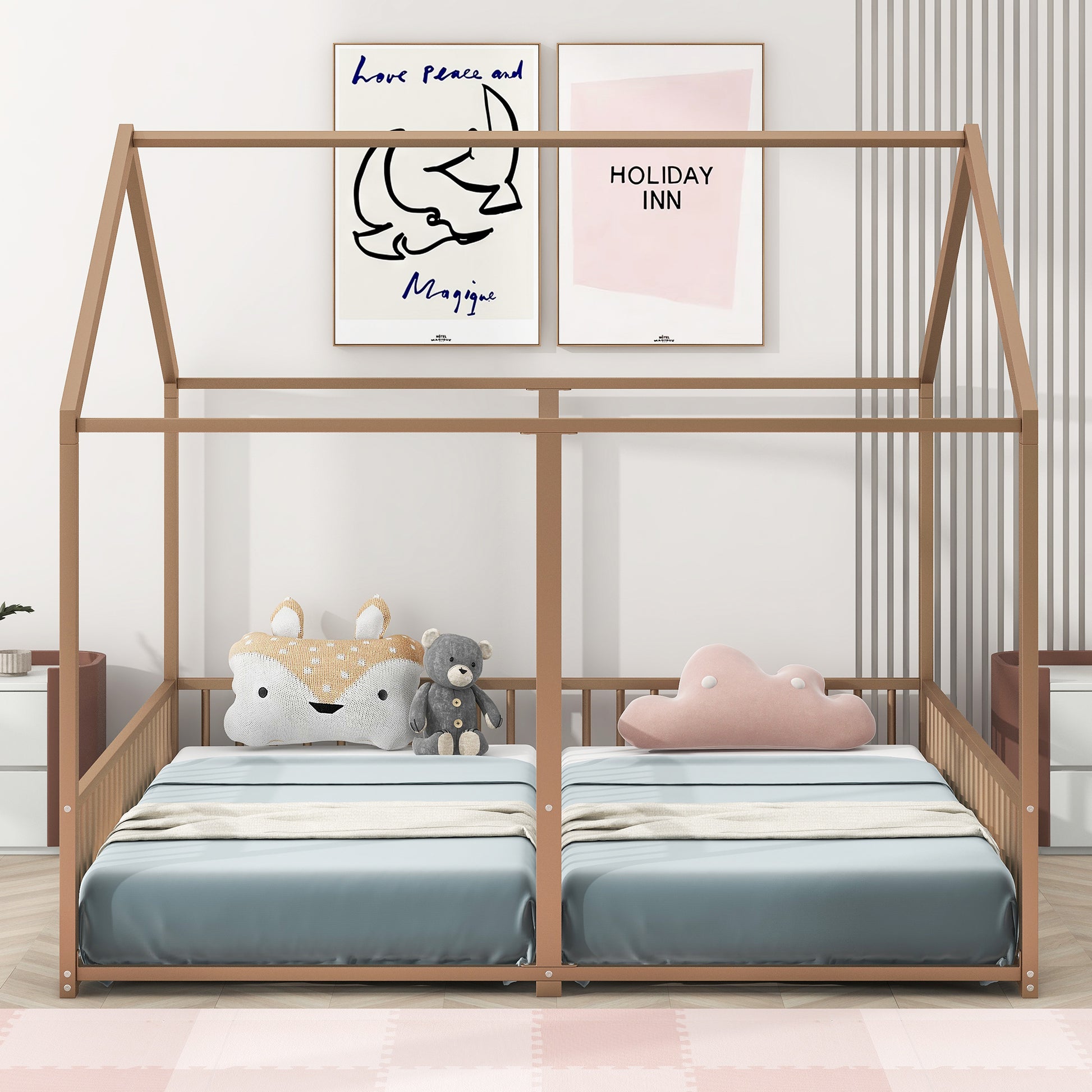 Metal Twin Size House Platform Beds, Two Shared Beds, Gold Box Spring Not Required Twin Gold Metal Bedroom Metal