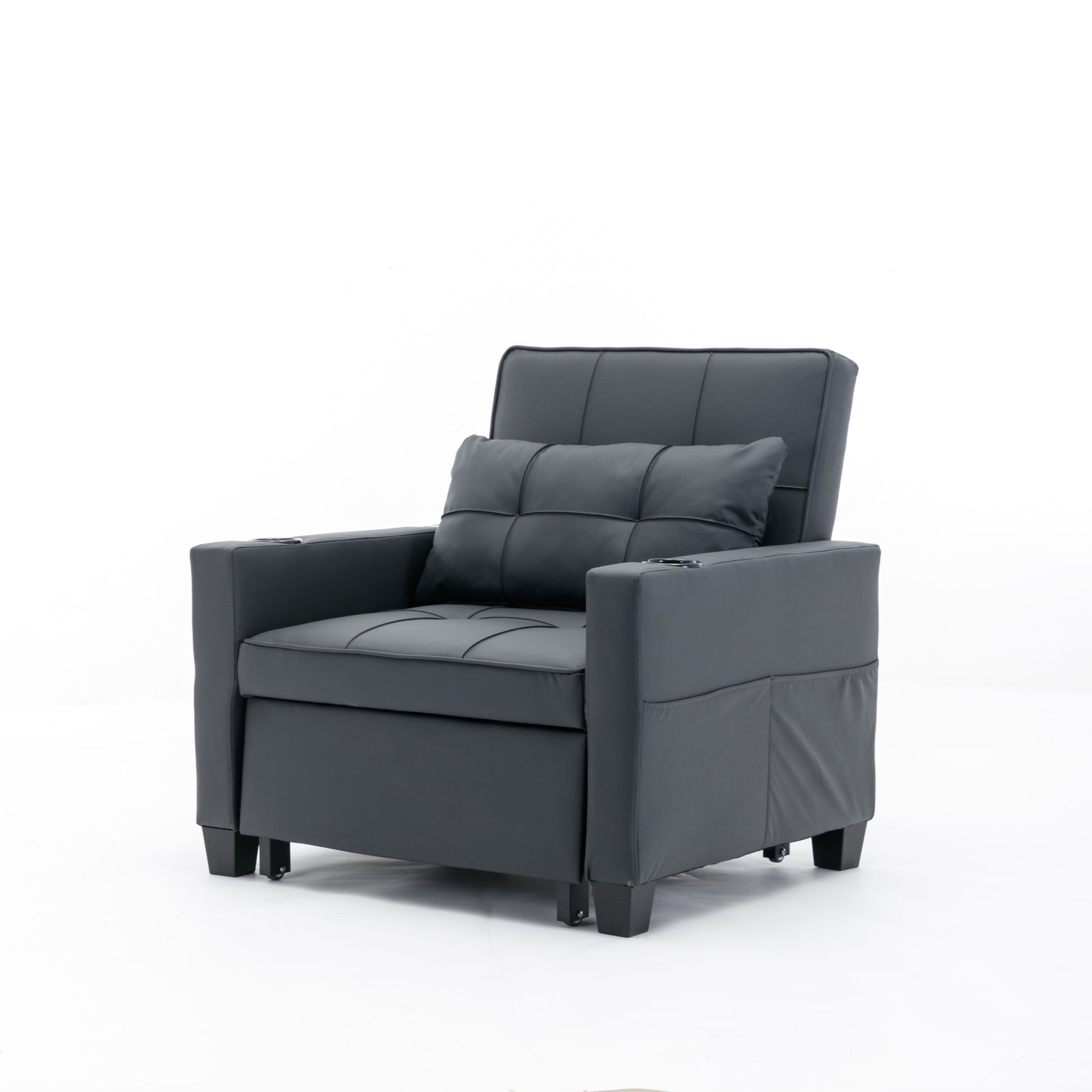 Futon Chair Bed Convertible Chair 3 In 1 Pull Out Sleeper Chair Beds With Usb Ports, Wear Resistant And Anti Scratch, Armchair Bed Sleeper For Living Room Black Leather Black Foam Leather 1 Seat