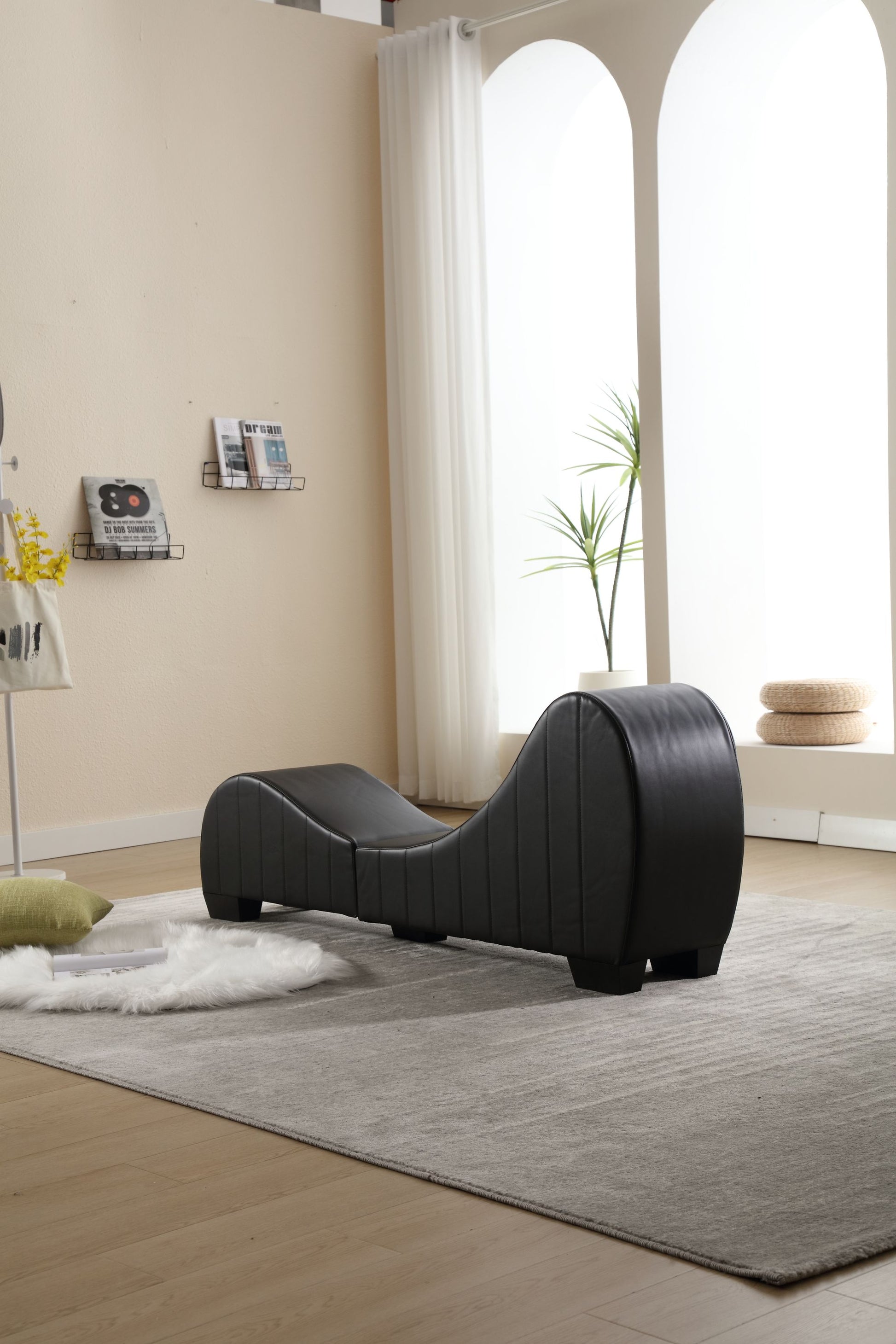 Factory Direct Yoga Chaise Lounge Collection For Stretching & Relaxation Modern Faux Leather Curved Sofa, Modern Faux Leather Curved Sofa, Living Room Bedroom Accent Black American Design Plywood Pvc