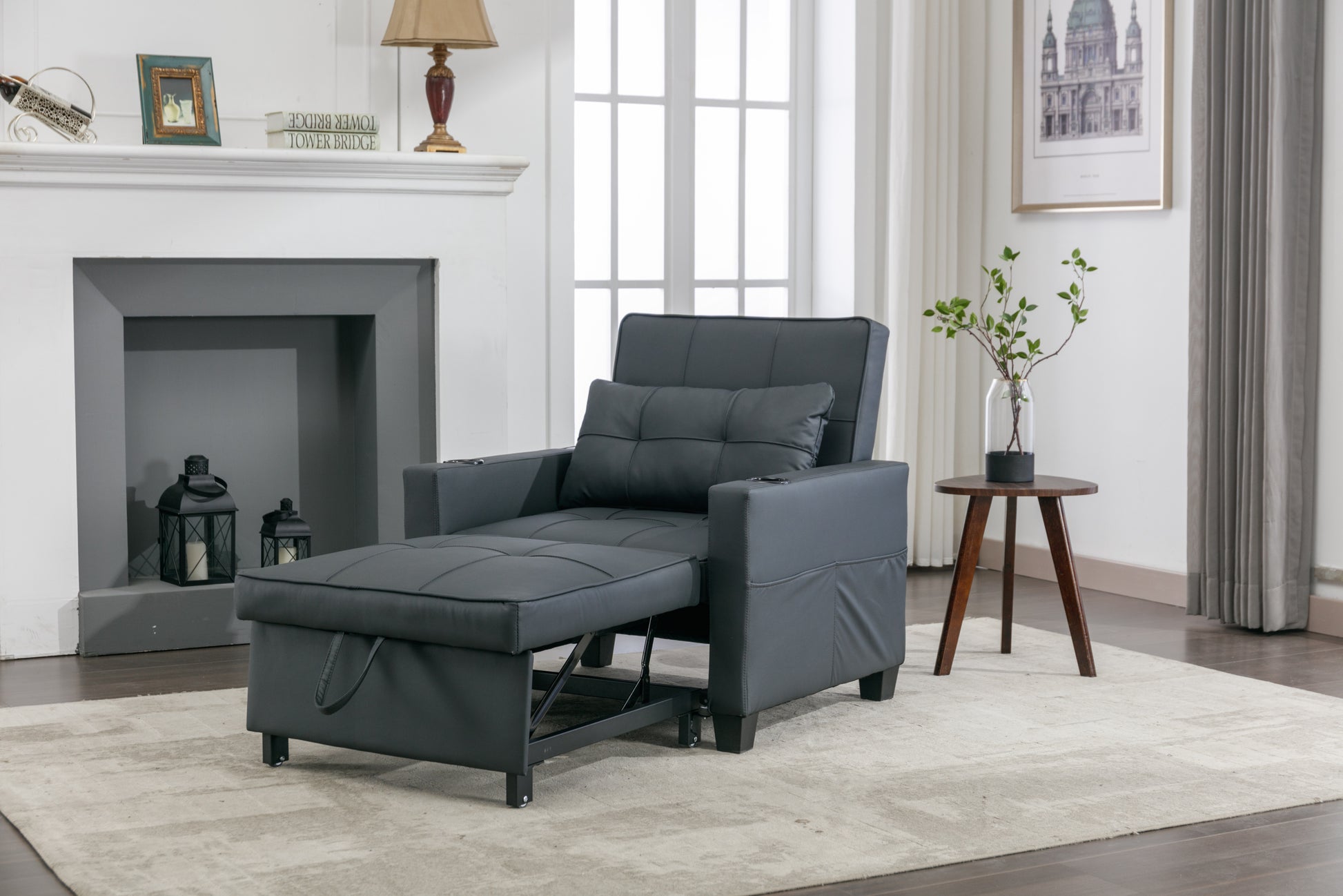 Futon Chair Bed Convertible Chair 3 In 1 Pull Out Sleeper Chair Beds With Usb Ports, Wear Resistant And Anti Scratch, Armchair Bed Sleeper For Living Room Black Leather Black Foam Leather 1 Seat