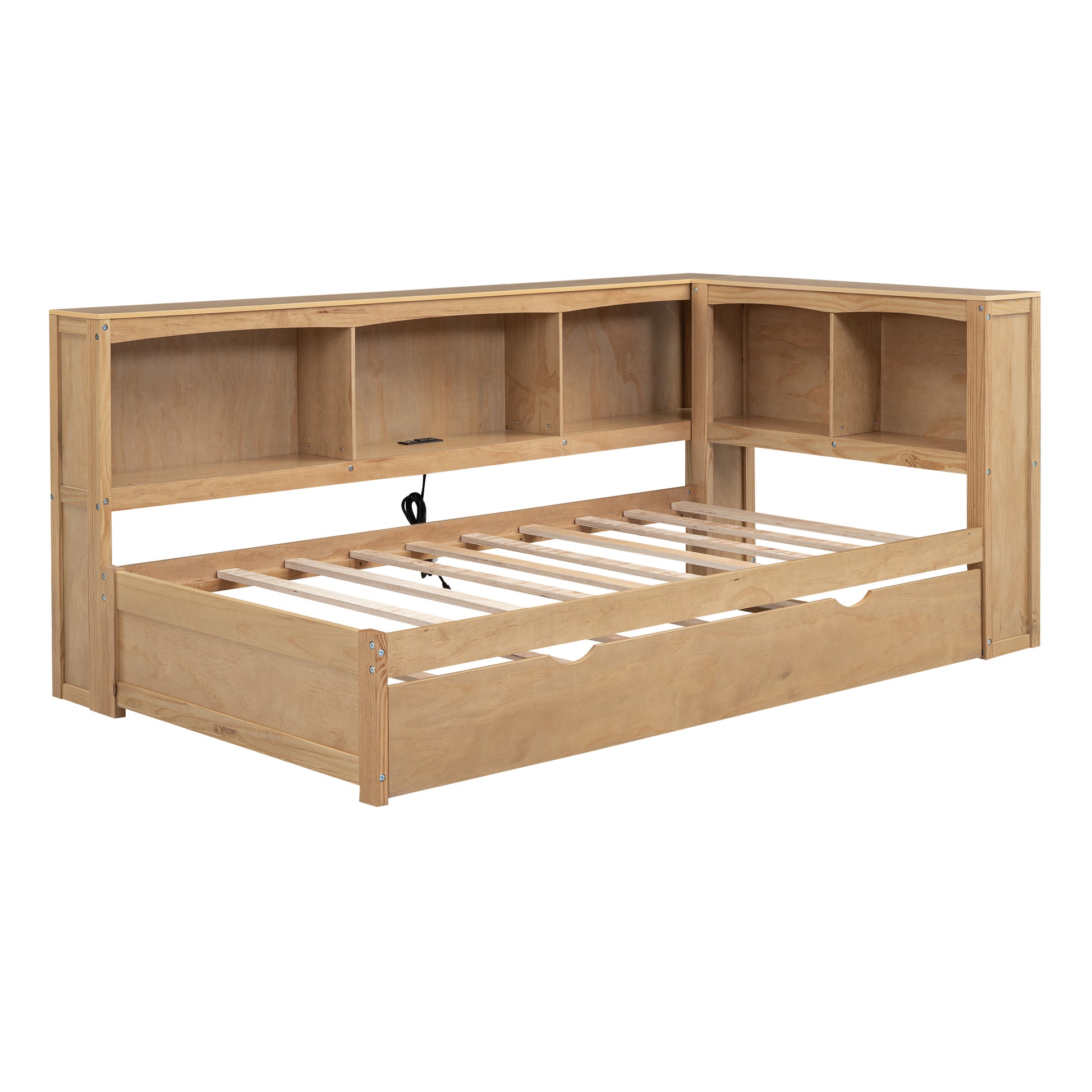 Twin Size Daybed With Trundle, Storage Cabinets And Usb Ports, Wood Color Box Spring Not Required Twin White Wood Solid Wood Mdf