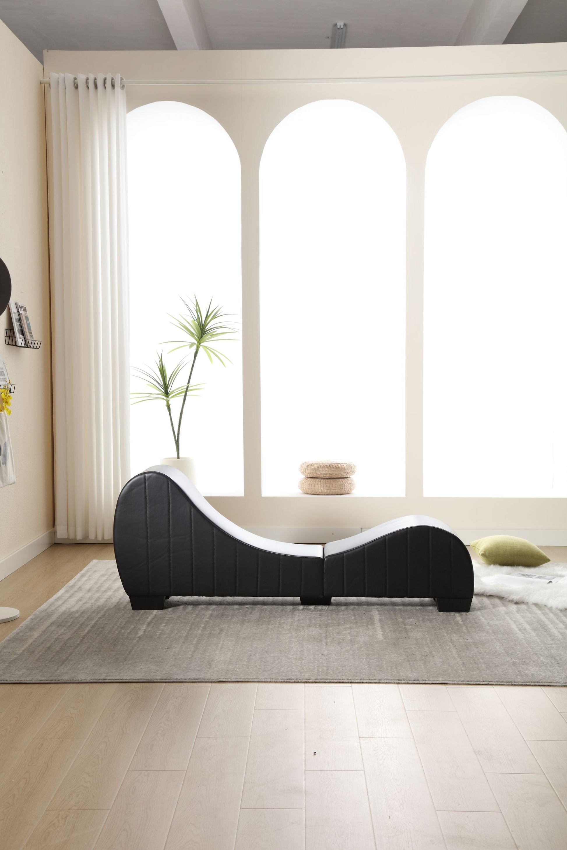 Factory Direct Yoga Chaise Lounge Collection For Stretching & Relaxation Modern Faux Leather Curved Sofa, Modern Faux Leather Curved Sofa, Living Room Bedroom Accent Black American Design Plywood Pvc