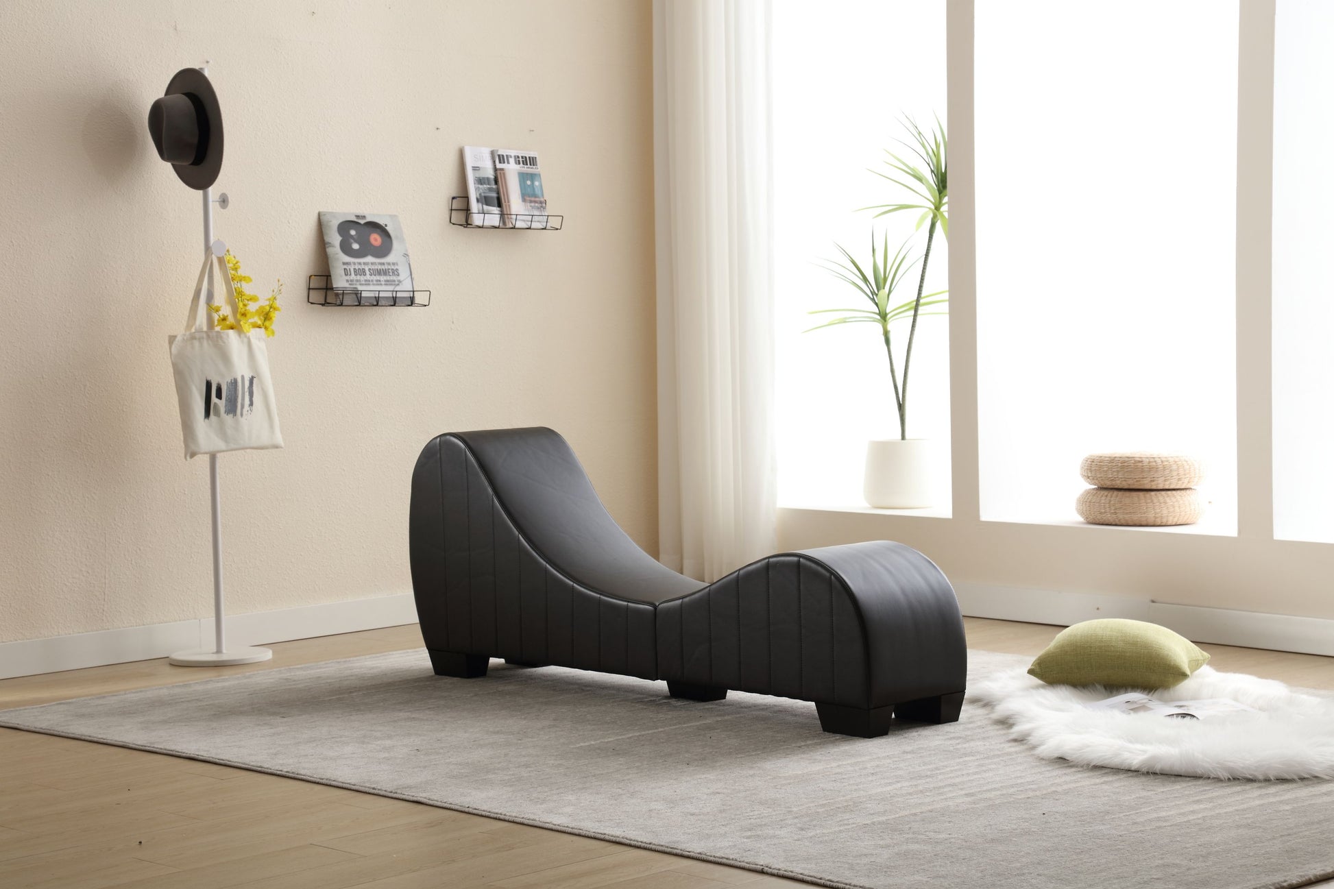 Factory Direct Yoga Chaise Lounge Collection For Stretching & Relaxation Modern Faux Leather Curved Sofa, Modern Faux Leather Curved Sofa, Living Room Bedroom Accent Black American Design Plywood Pvc
