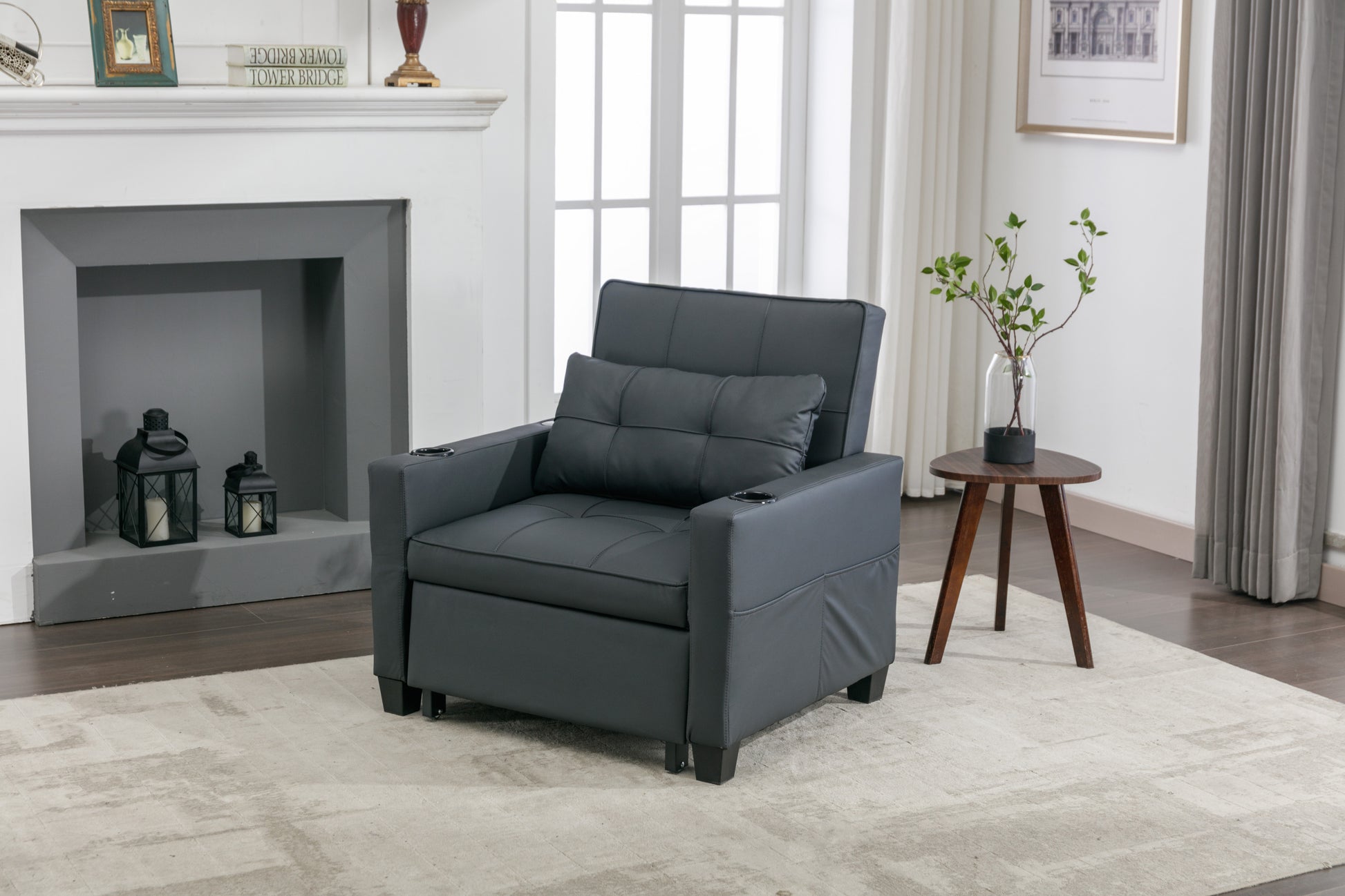 Futon Chair Bed Convertible Chair 3 In 1 Pull Out Sleeper Chair Beds With Usb Ports, Wear Resistant And Anti Scratch, Armchair Bed Sleeper For Living Room Black Leather Black Foam Leather 1 Seat