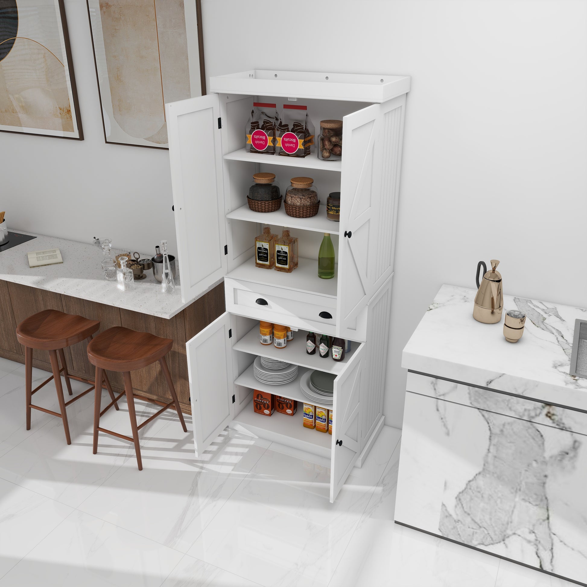 71" Kitchen Pantry Storage Cabinetwith 4 Doors, Drawer, 2 Adjustable Shelves, Freestanding Cupboard For Dining Room Living Room, Laundry White White Mdf