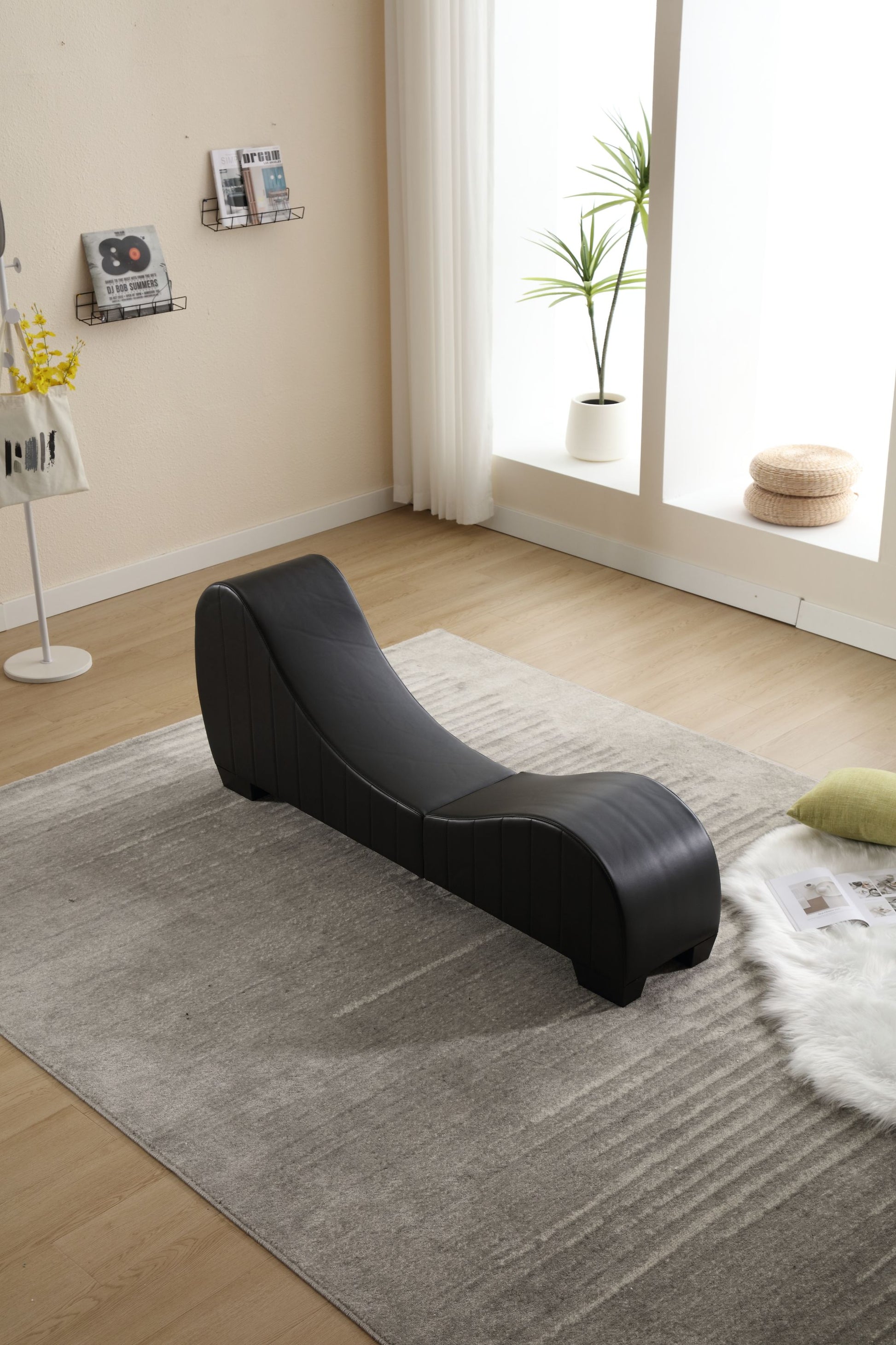 Factory Direct Yoga Chaise Lounge Collection For Stretching & Relaxation Modern Faux Leather Curved Sofa, Modern Faux Leather Curved Sofa, Living Room Bedroom Accent Black American Design Plywood Pvc