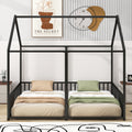 Metal Twin Size House Platform Beds, Two Shared Beds, Black Box Spring Not Required Twin Black Metal Bedroom Metal
