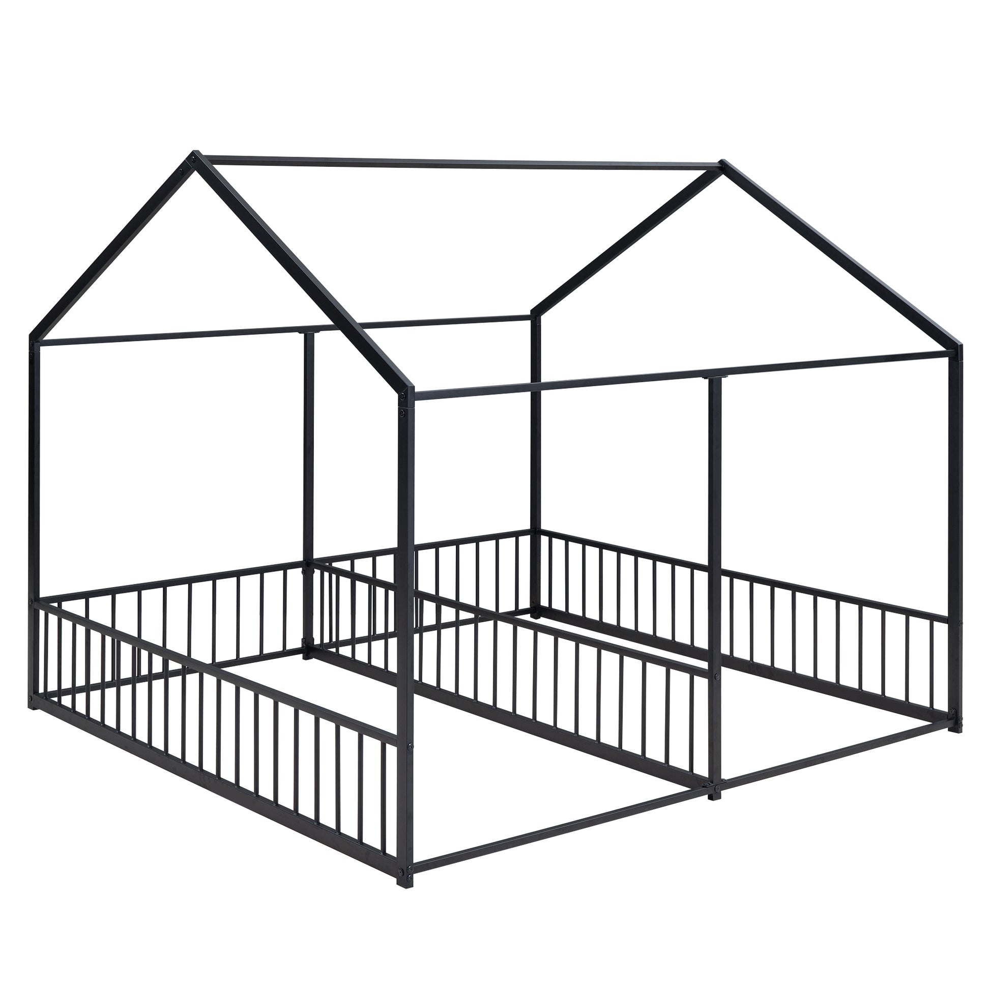 Metal Twin Size House Platform Beds, Two Shared Beds, Black Box Spring Not Required Twin Black Metal Bedroom Metal