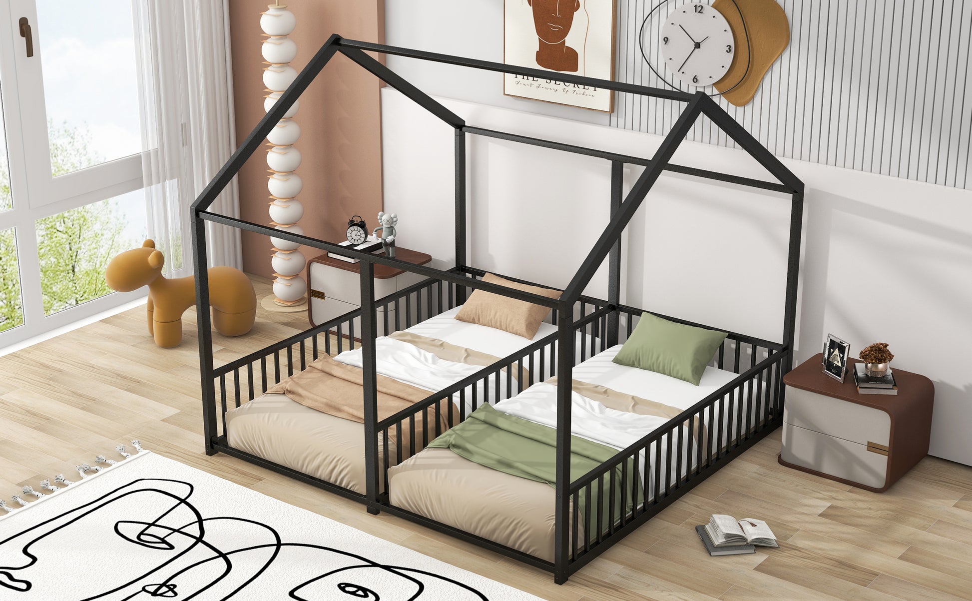 Metal Twin Size House Platform Beds, Two Shared Beds, Black Box Spring Not Required Twin Black Metal Bedroom Metal