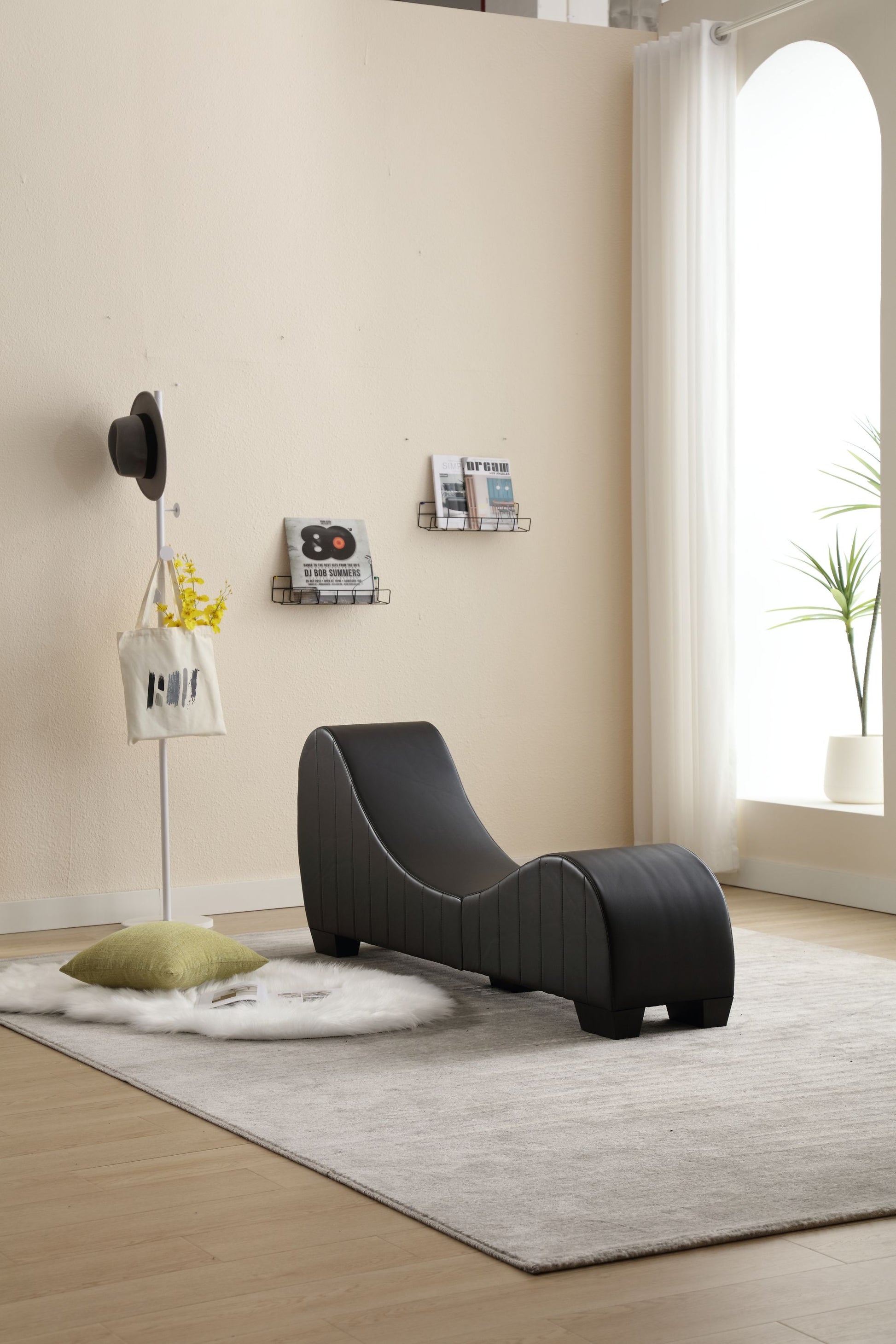 Factory Direct Yoga Chaise Lounge Collection For Stretching & Relaxation Modern Faux Leather Curved Sofa, Modern Faux Leather Curved Sofa, Living Room Bedroom Accent Black American Design Plywood Pvc