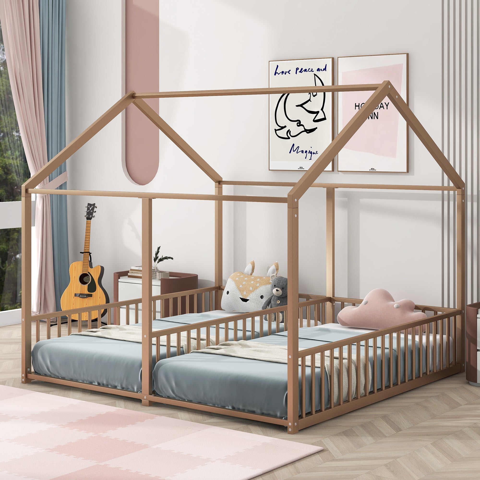Metal Twin Size House Platform Beds, Two Shared Beds, Gold Box Spring Not Required Twin Gold Metal Bedroom Metal