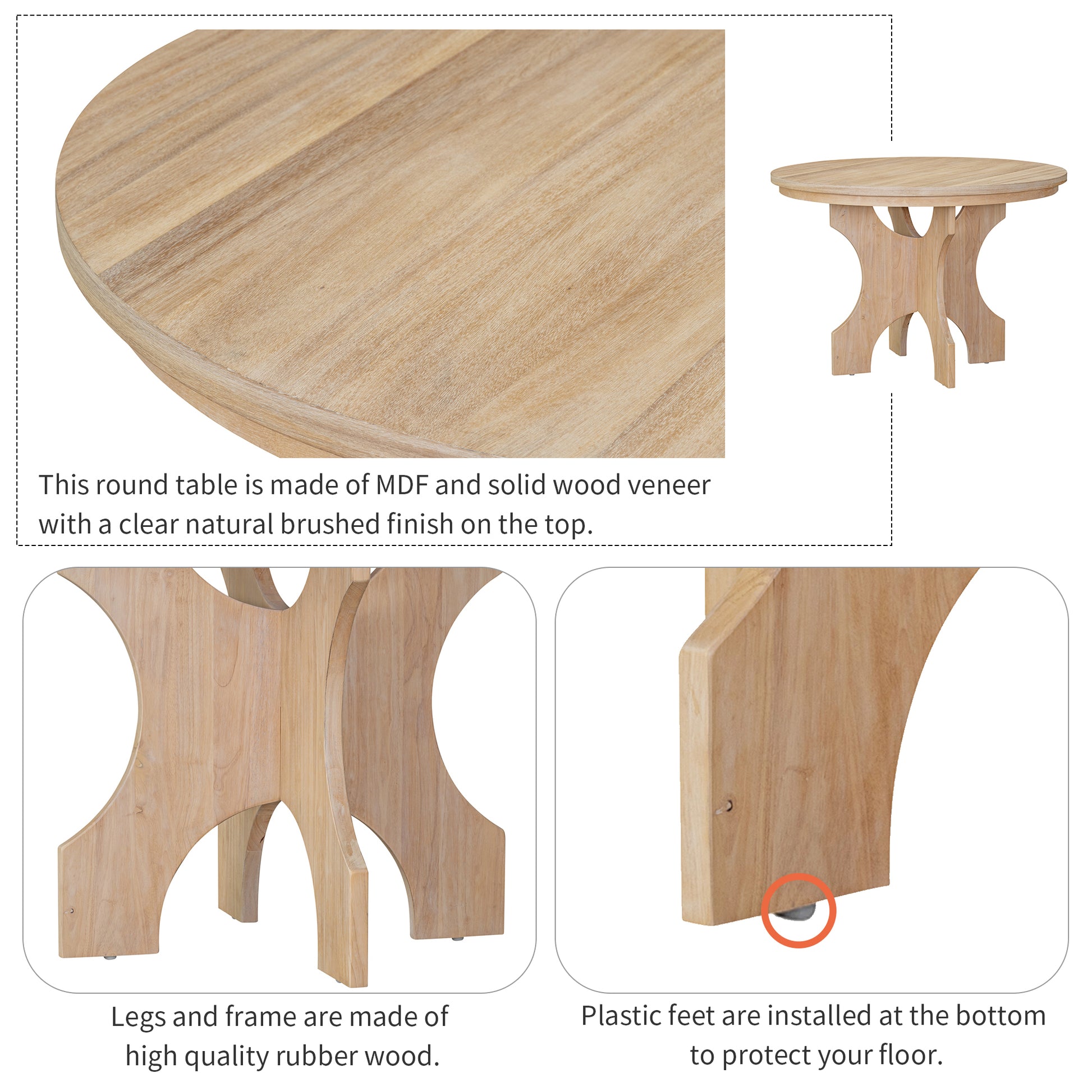 5 Piece Dining Table Set, 44" Round Dining Table With Curved Bench & Side Chairs For 4 5 People For Dining Room And Kitchen Natural Wood Wash Wood Dining Room Distressed Finish Rubberwood Round Dining Table With Chair And Bench Upholstered Chair Wood