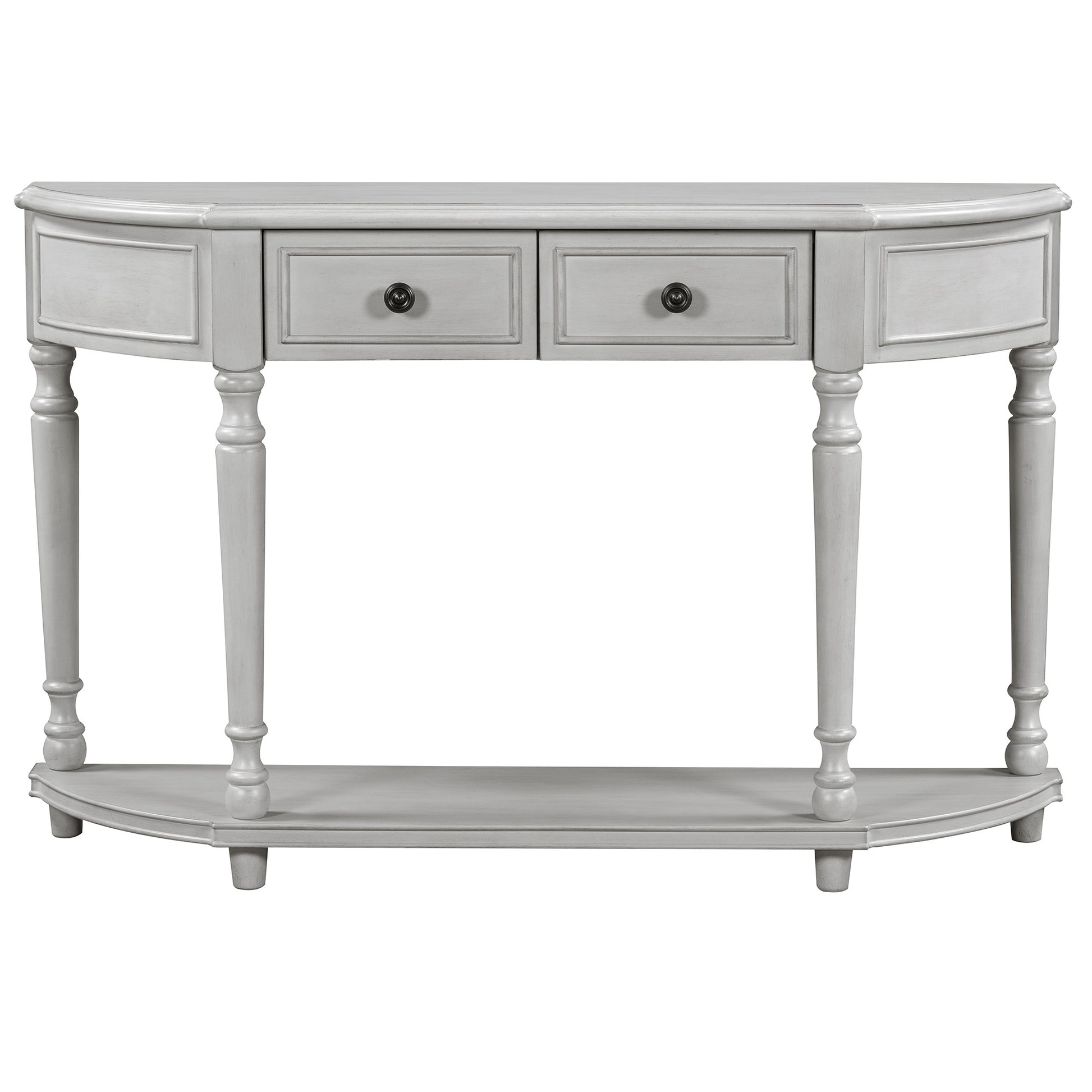 Retro Circular Curved Design Console Table With Open Style Shelf Solid Wooden Frame And Legs Two Top Drawers Gray Wash, Old Sku: Wf298768Aae Gray Wash Solid Wood