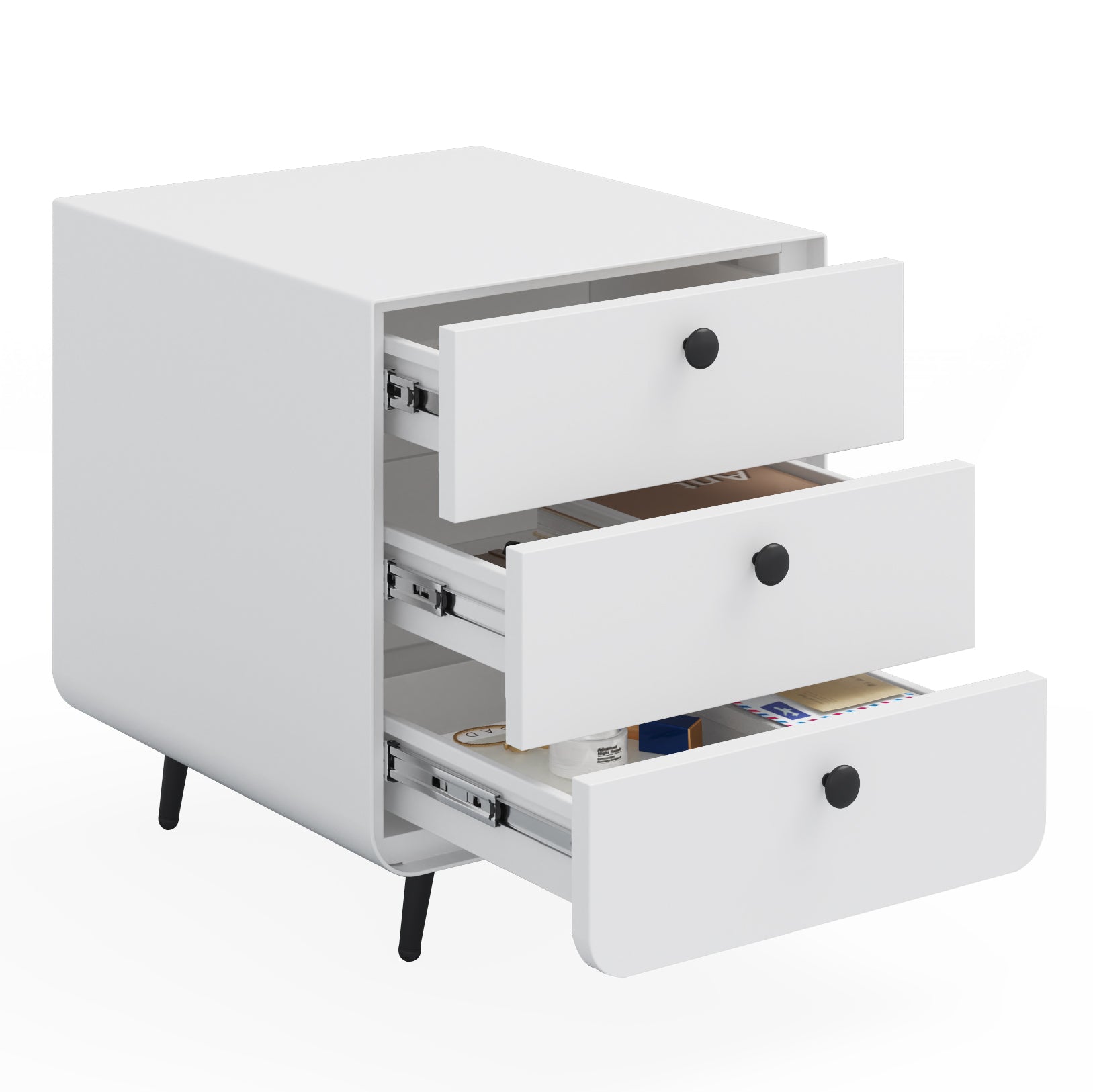 Modern Night Stand Storage Cabinet For Living Room Bedroom, Steel Cabinet With 3 Drawers,Bedside Furniture, Circular Handle White 3 Drawers Steel