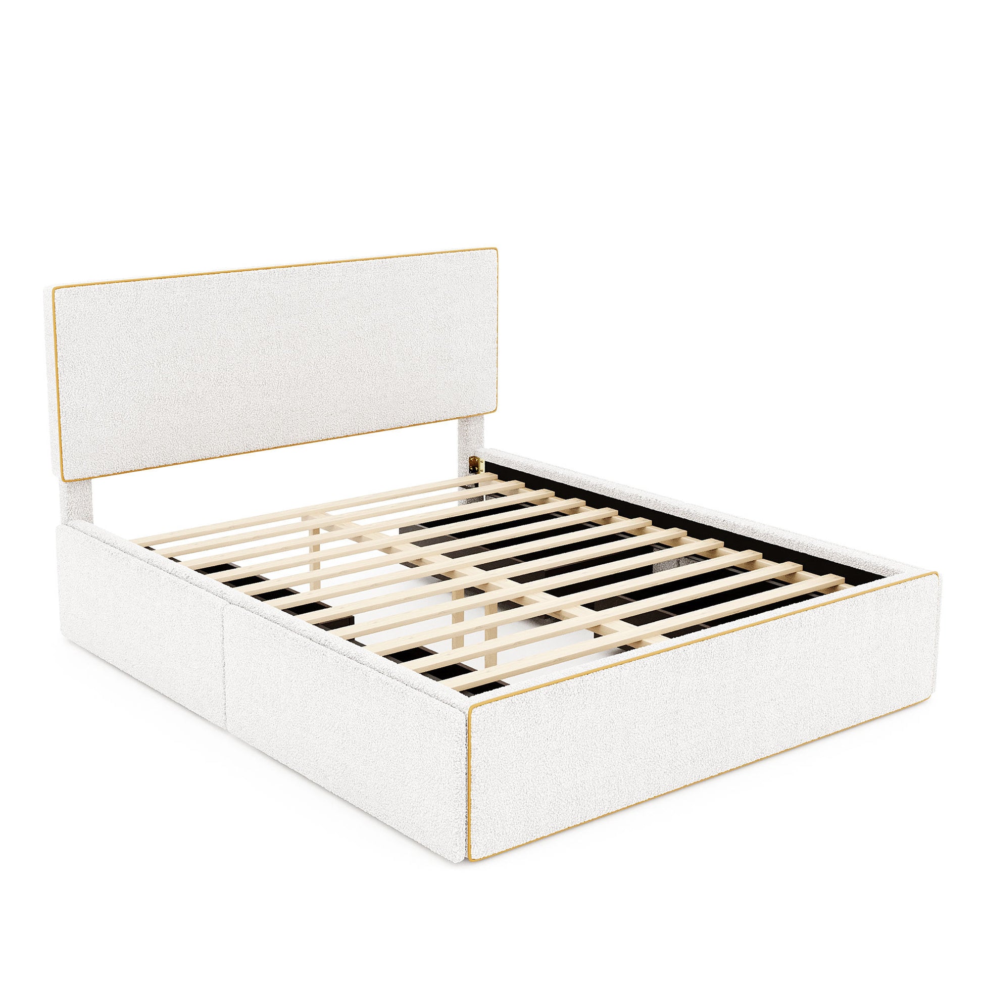Full Size Upholstered Platform Bed With 4 Drawers And Golden Edge On The Headboard & Footboard, White Full White Upholstered