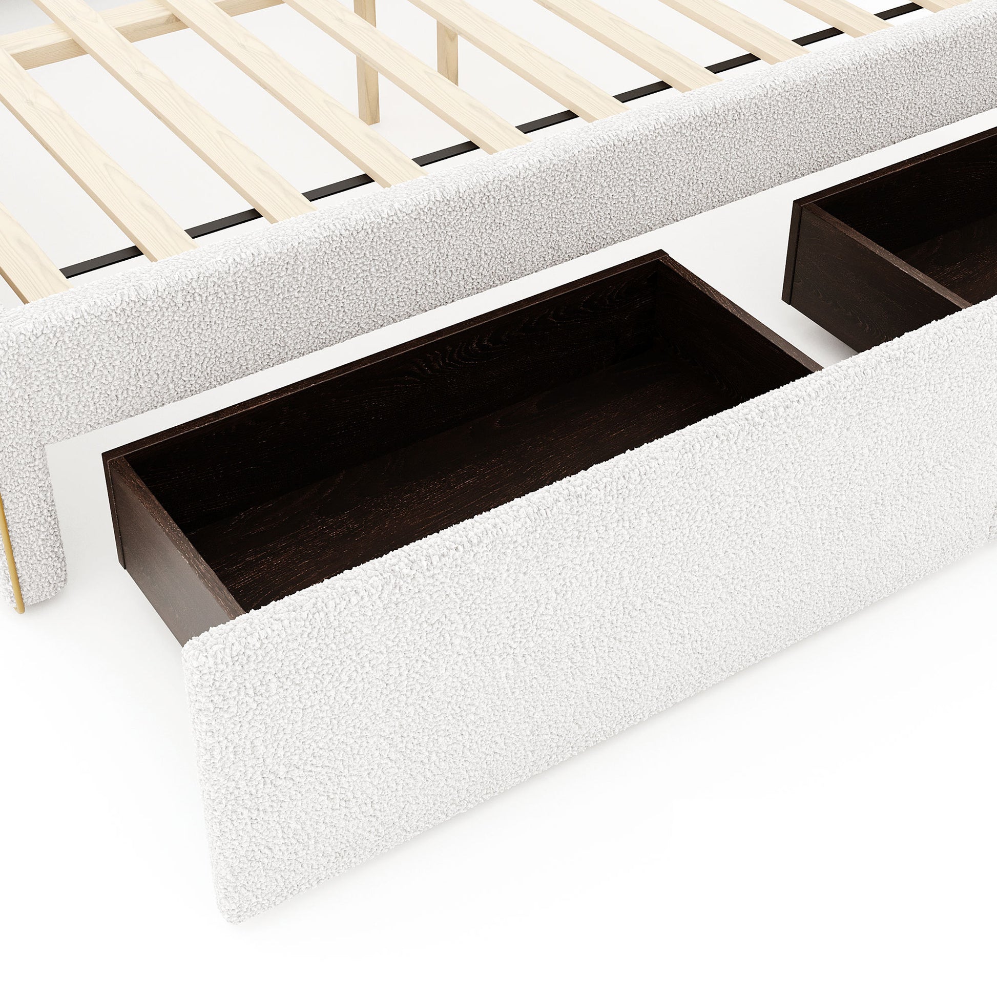 Full Size Upholstered Platform Bed With 4 Drawers And Golden Edge On The Headboard & Footboard, White Full White Upholstered