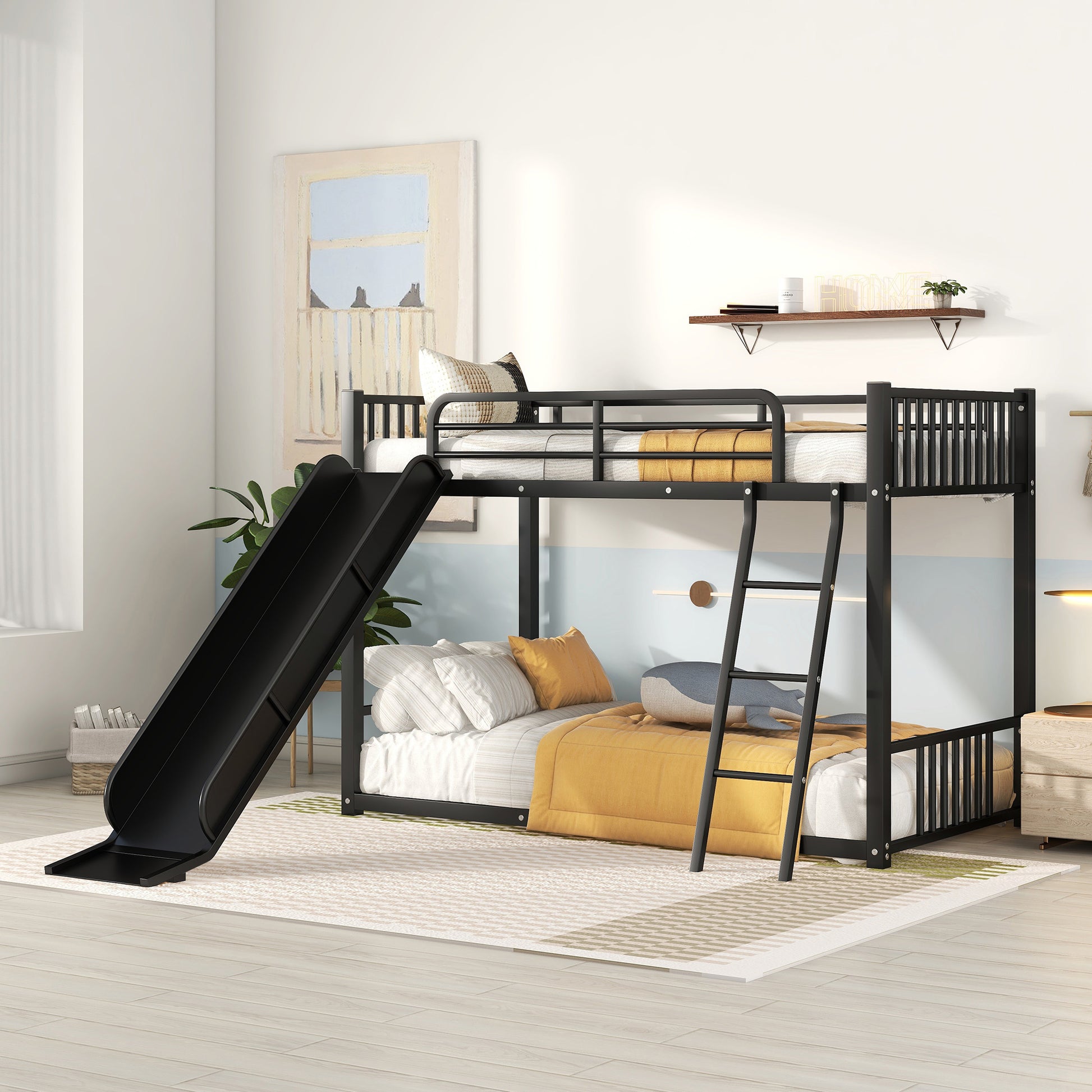 Metal Bunk Bed With Slide, Twin Over Twin, Black Box Spring Not Required Black Metal Bedroom Metal