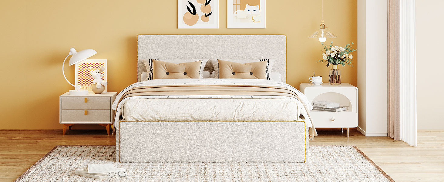 Full Size Upholstered Platform Bed With 4 Drawers And Golden Edge On The Headboard & Footboard, White Full White Upholstered