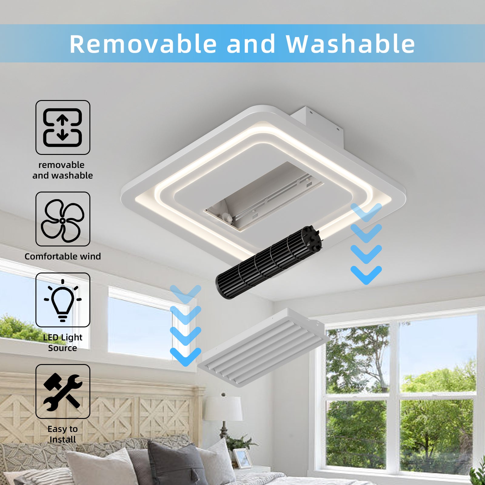22Inch Modern Leafless Ceiling Fan With Remote Control Removable And Washable, Reversible Motor White Modern Iron