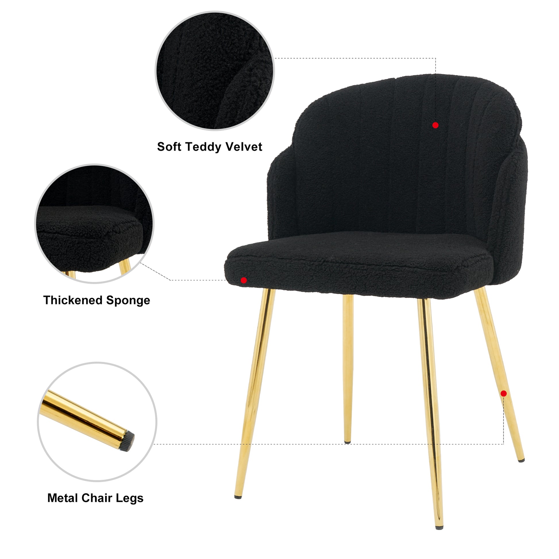 Modern Simple Black Teddy Fleece Dining Chair Fabric Upholstered Chairs Home Bedroom Stool Back Dressing Chair Gold Metal Legs Set Of 2 Black Foam Metal