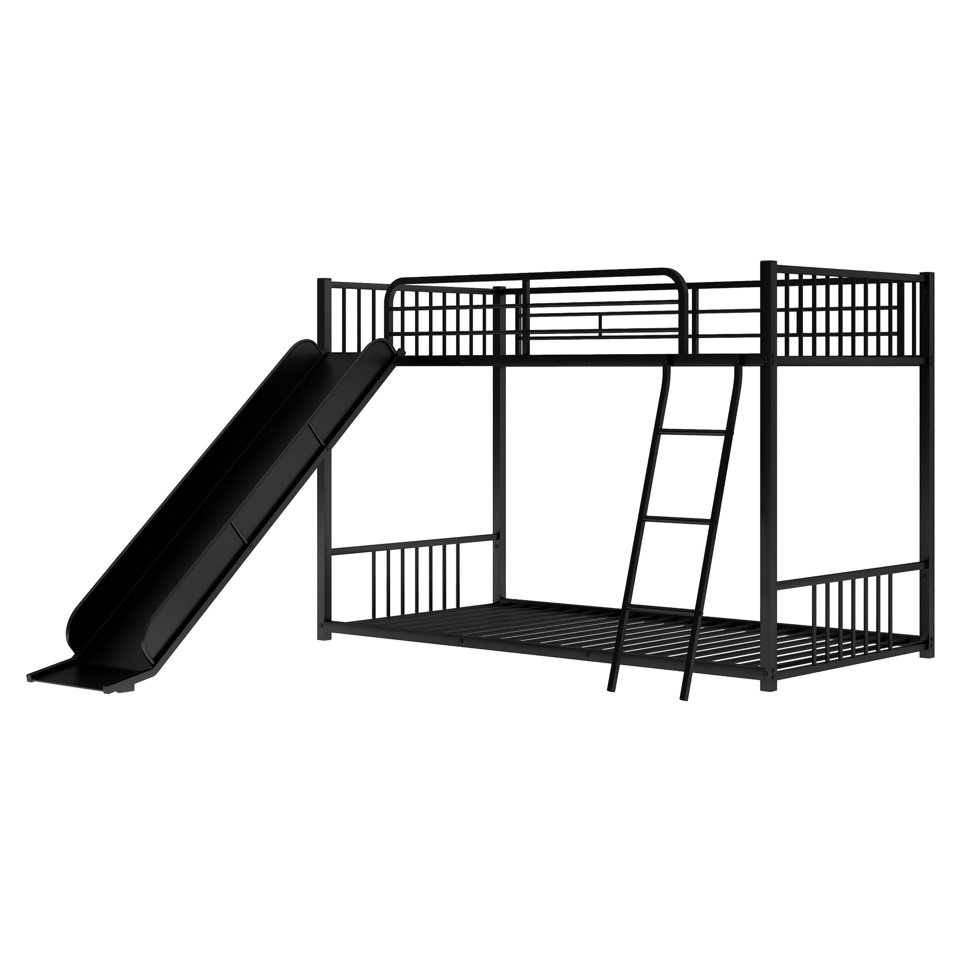 Metal Bunk Bed With Slide, Twin Over Twin, Black Box Spring Not Required Black Metal Bedroom Metal