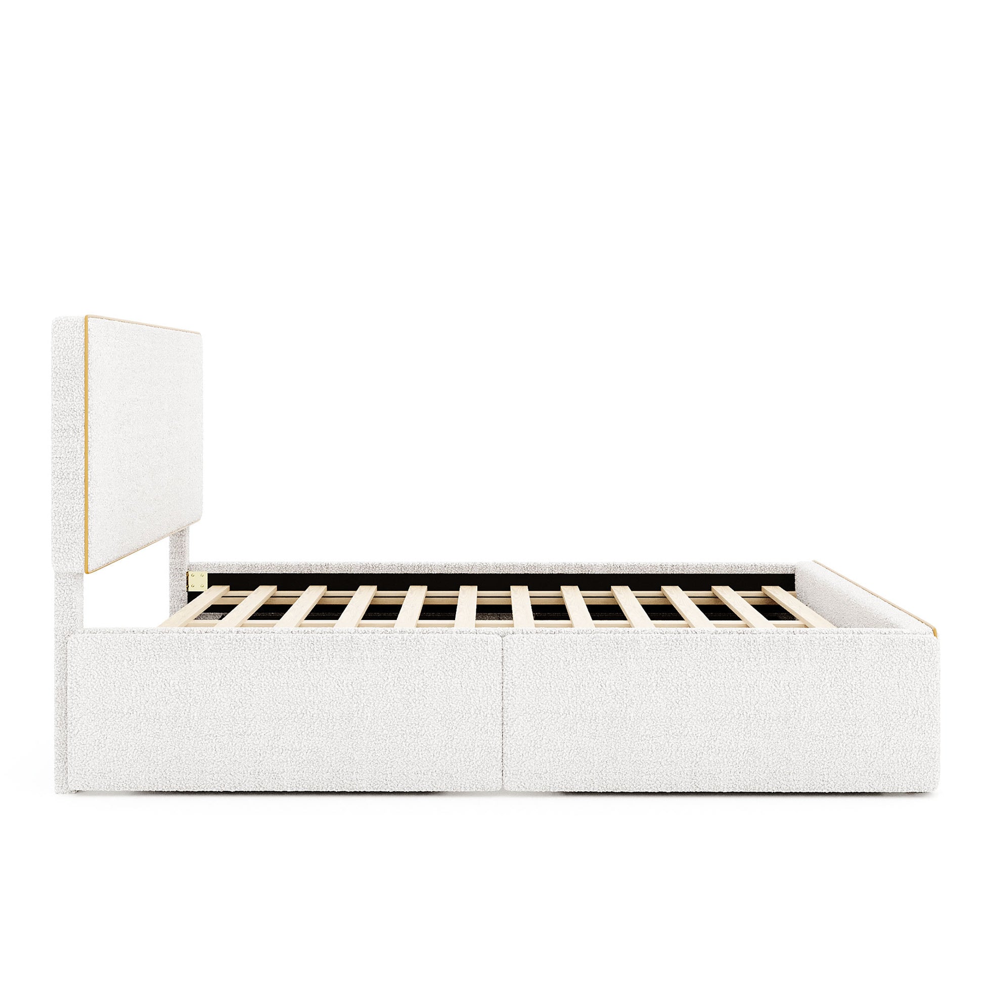 Full Size Upholstered Platform Bed With 4 Drawers And Golden Edge On The Headboard & Footboard, White Full White Upholstered