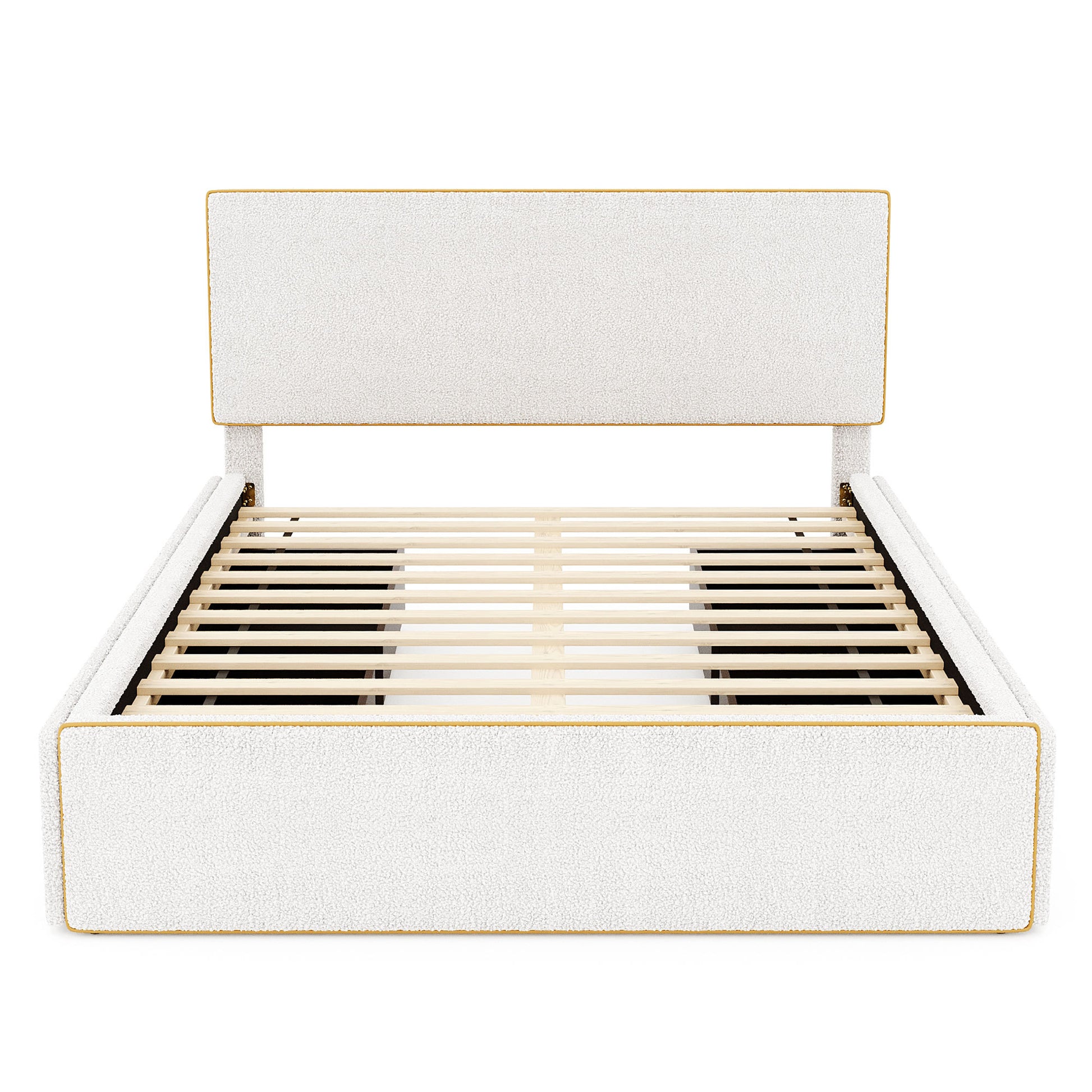 Full Size Upholstered Platform Bed With 4 Drawers And Golden Edge On The Headboard & Footboard, White Full White Upholstered