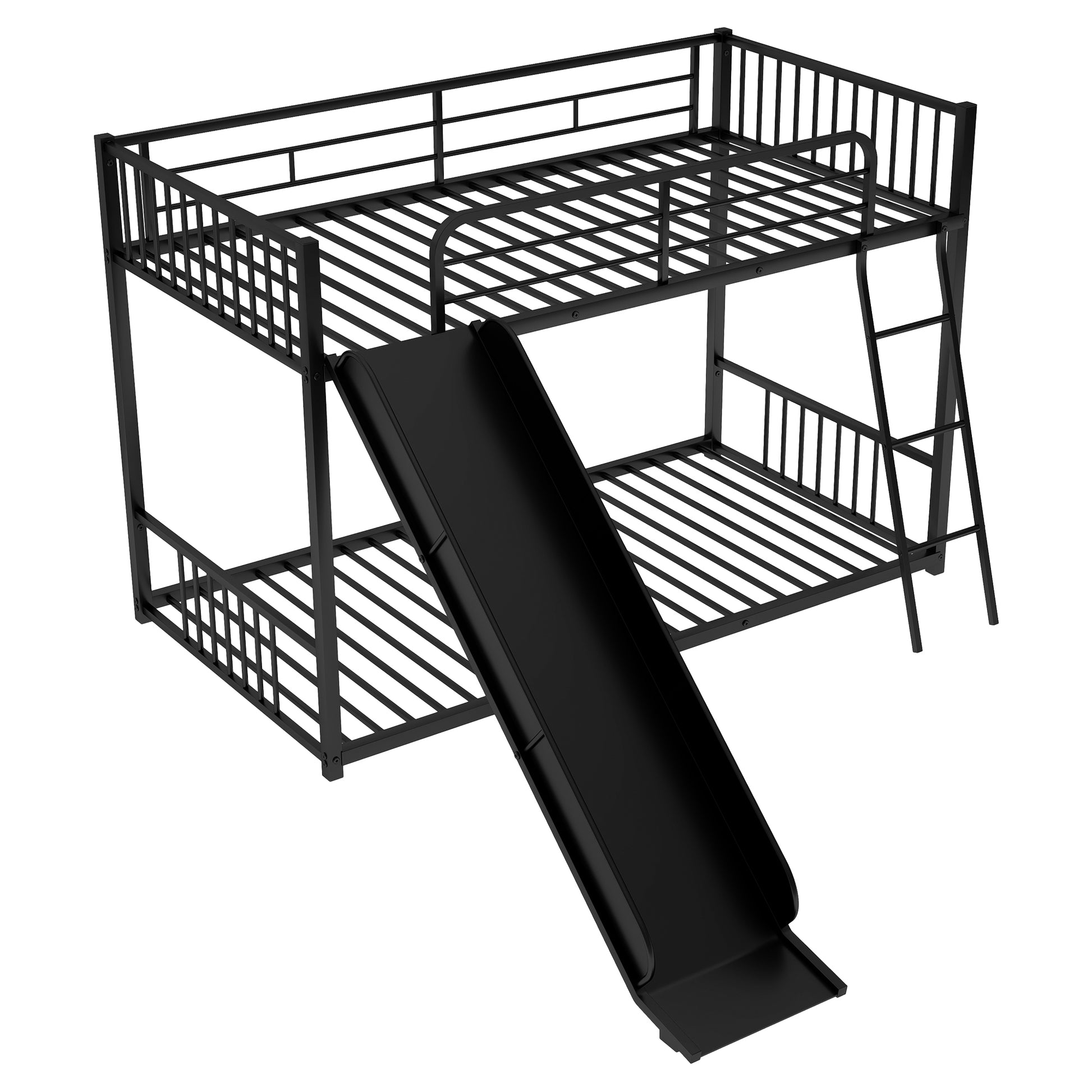 Metal Bunk Bed With Slide, Twin Over Twin, Black Box Spring Not Required Black Metal Bedroom Metal