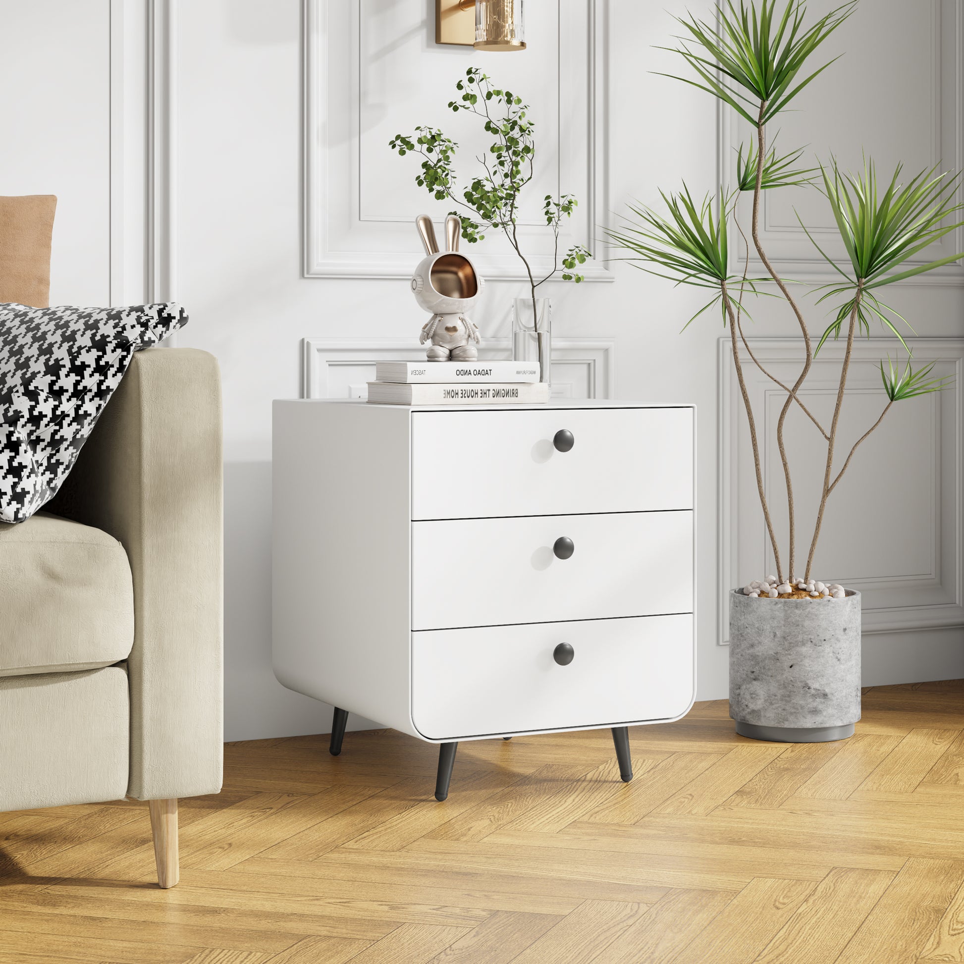 Modern Night Stand Storage Cabinet For Living Room Bedroom, Steel Cabinet With 3 Drawers,Bedside Furniture, Circular Handle White 3 Drawers Steel