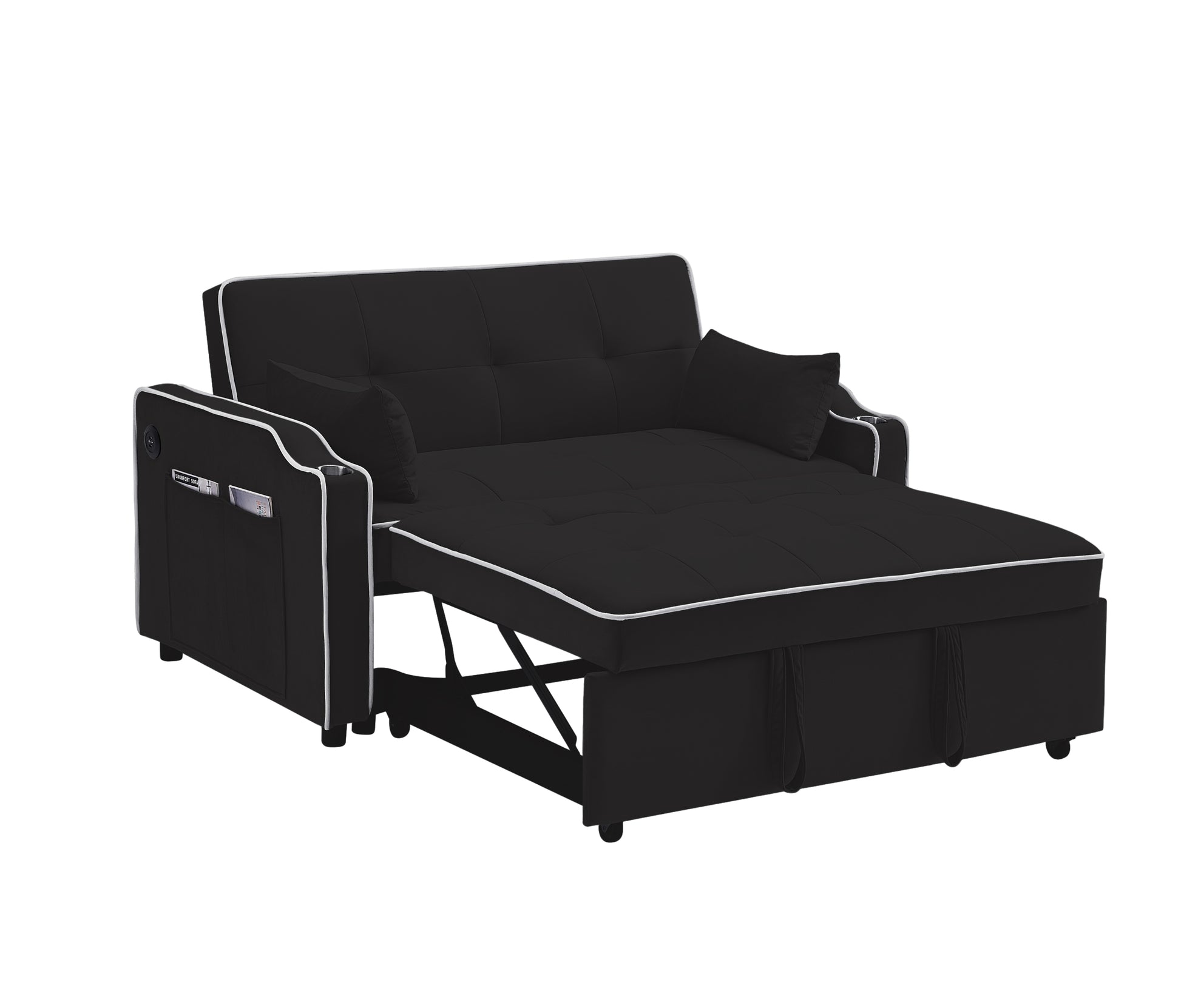 Sofa Bed, 3 In 1 Convertible Sofa Chair Bed, Adjustable Backrest Chair, Chaise Lounge With Usb Ports, Cup Holder, Side Pocket,Black Black Velvet