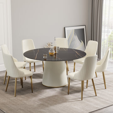 59.05 "Modern Black Artificial Stone Round Beige Plywood Pu Base Dining Table Can Accommodate 8 People. Not Including Chairs. Black Dining Room Plywood Sintered Stone