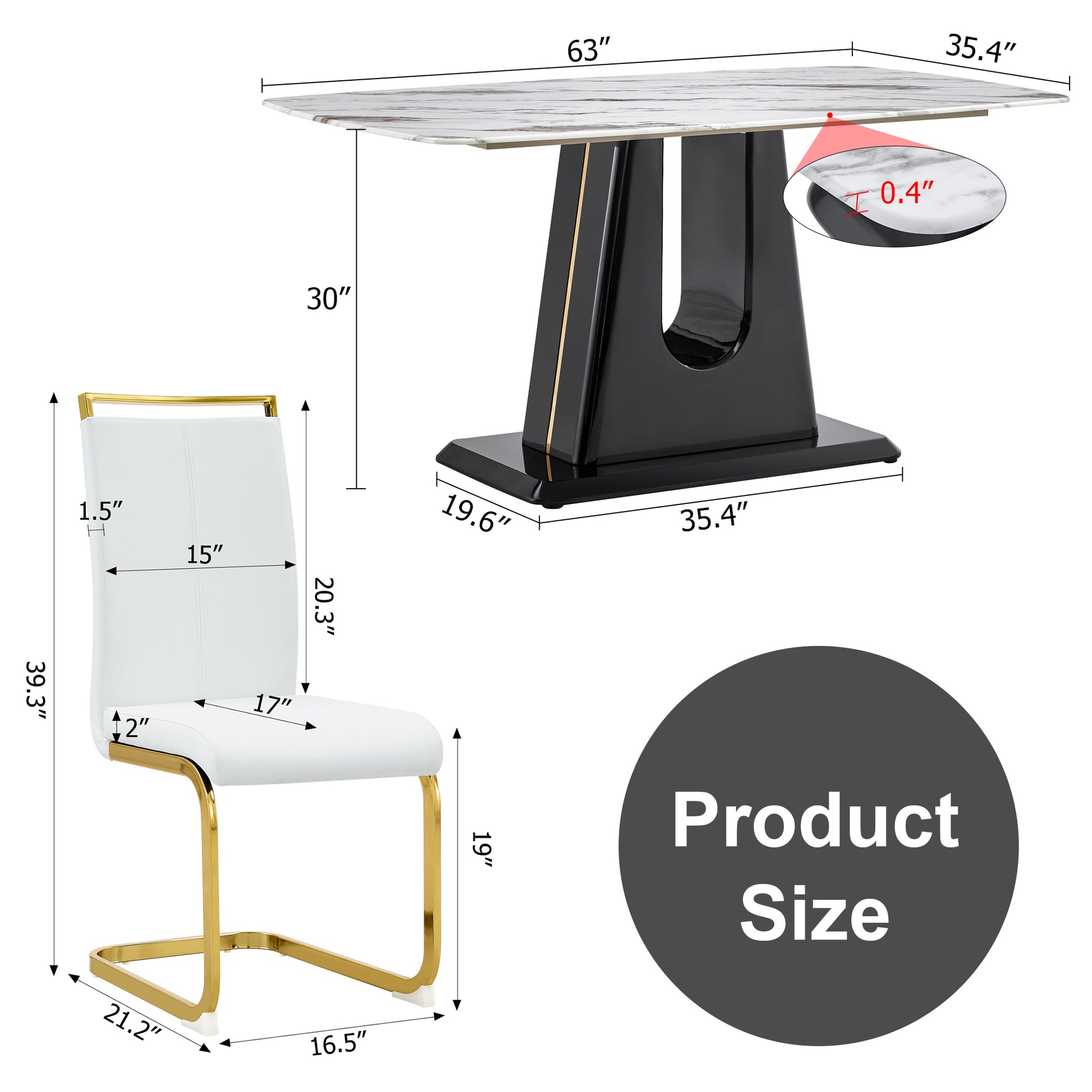 1 Table And 6 Chairs. Modern, Simple And Luxurious White Imitation Marble Rectangular Dining Table And Desk With 6 White Pu Gold Plated Leg Chairs 63'' X 35.4'' X 30'' White Black Mdf