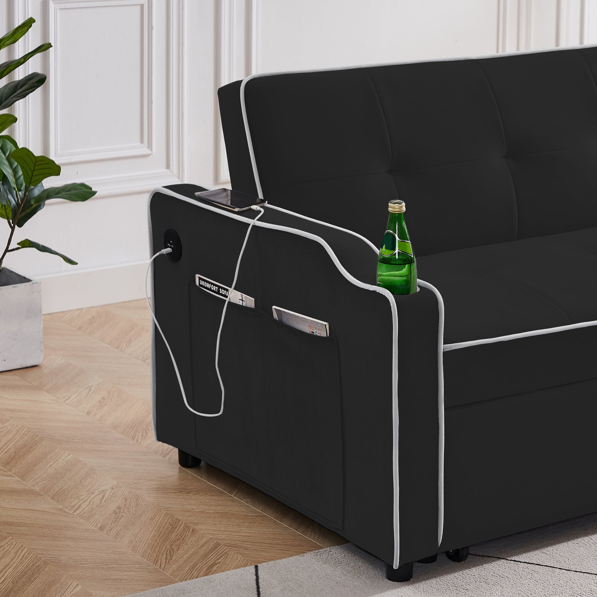 Sofa Bed, 3 In 1 Convertible Sofa Chair Bed, Adjustable Backrest Chair, Chaise Lounge With Usb Ports, Cup Holder, Side Pocket,Black Black Velvet