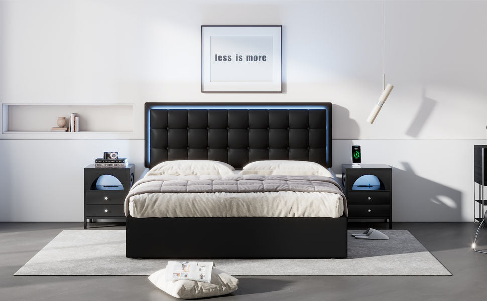 Queen Size Tufted Upholstered Platform Bed With Hydraulic Storage System,Pu Storage Bed With Led Lights,Black Black Pu