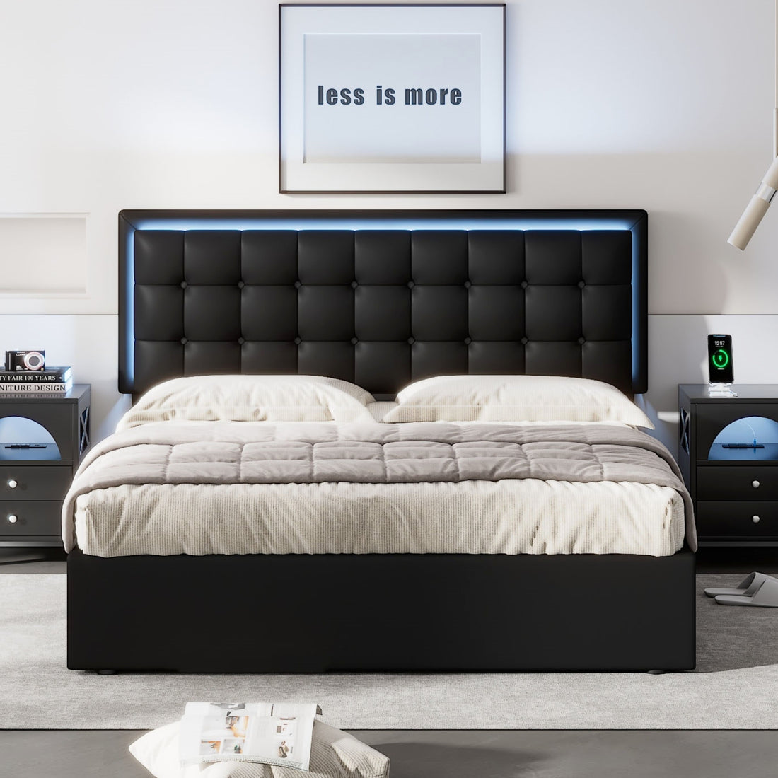 Queen Size Tufted Upholstered Platform Bed With Hydraulic Storage System,Pu Storage Bed With Led Lights,Black Black Pu