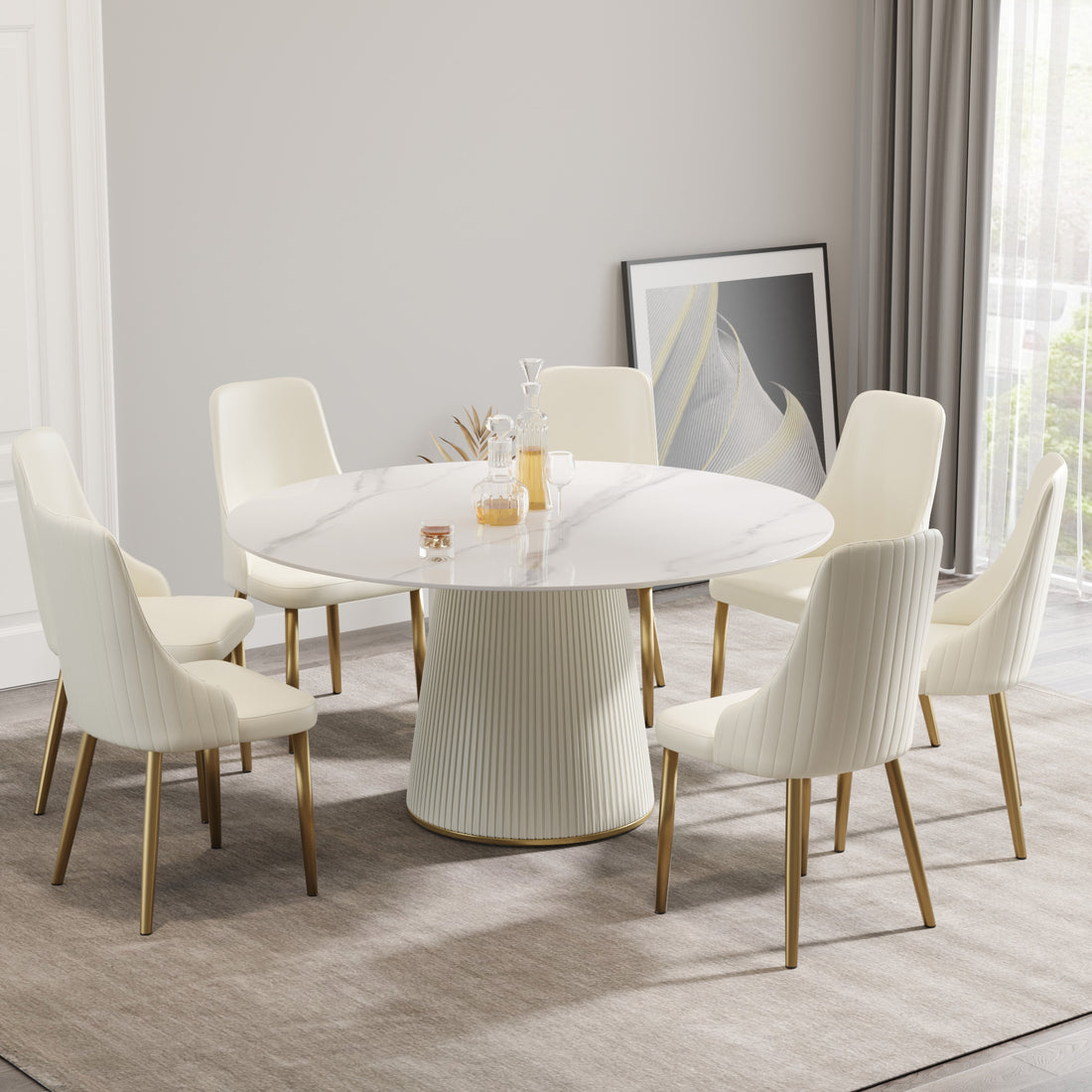59.05 "Modern White Artificial Stone Round Beige Plywood Pu Base Dining Table Can Accommodate 8 People. Not Including Chairs. White Dining Room Plywood Sintered Stone