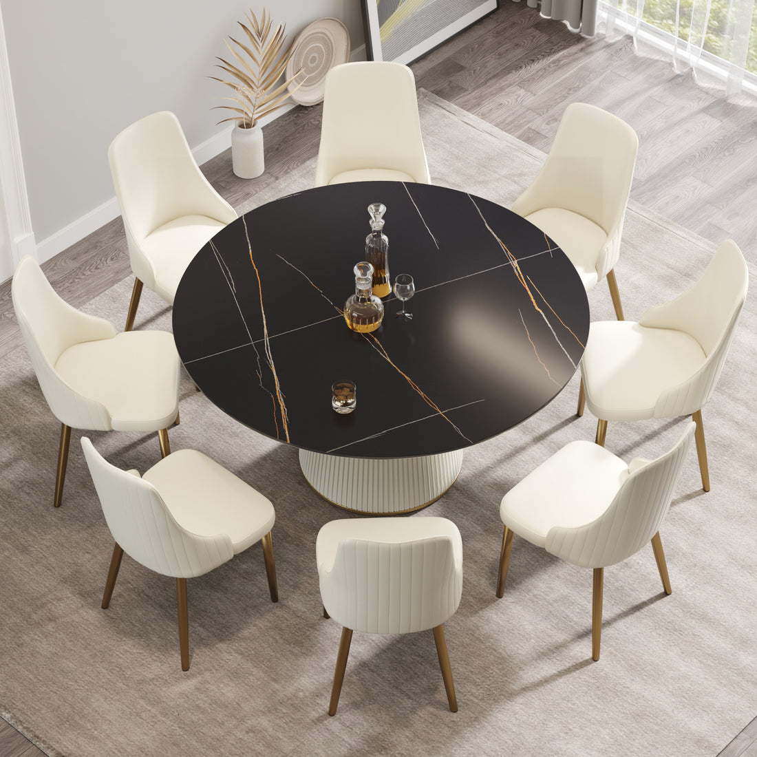 59.05 "Modern Black Artificial Stone Round Beige Plywood Pu Base Dining Table Can Accommodate 8 People. Not Including Chairs. Black Dining Room Plywood Sintered Stone