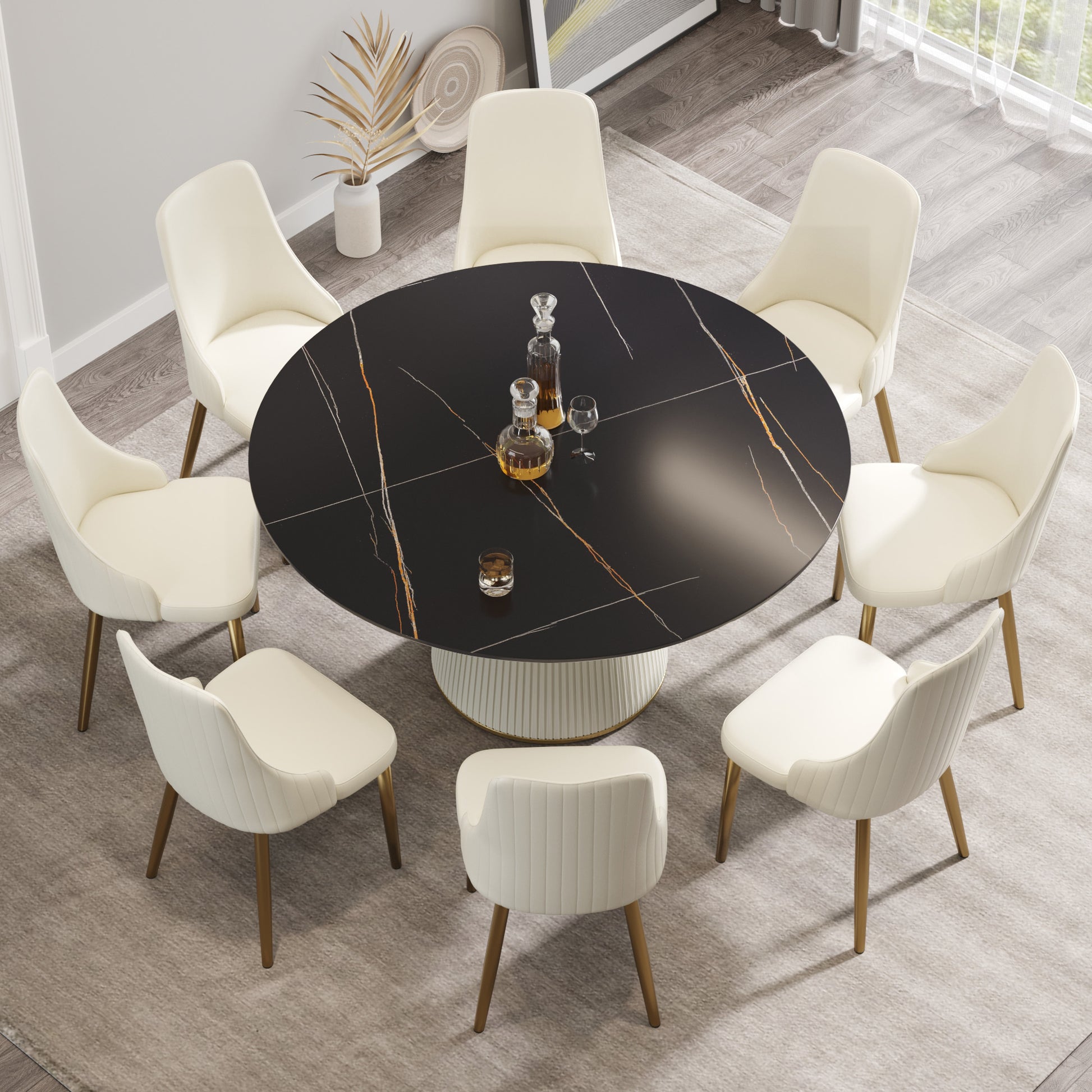 59.05 "Modern Black Artificial Stone Round Beige Plywood Pu Base Dining Table Can Accommodate 8 People. Not Including Chairs. Black Dining Room Plywood Sintered Stone