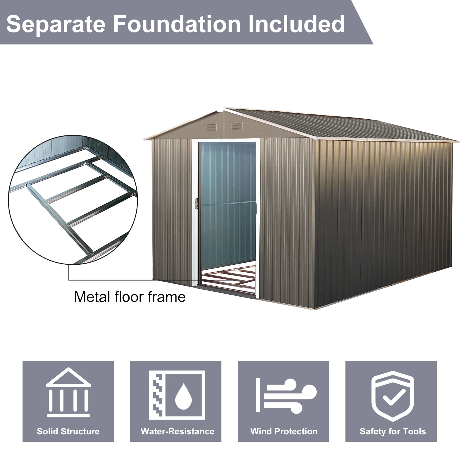 8X10Ft Outdoor Metal Storage Shed Grey Gray Iron