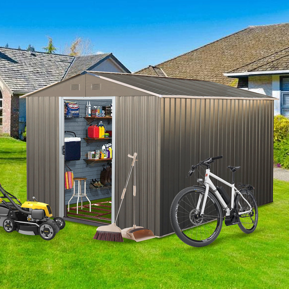 8X10Ft Outdoor Metal Storage Shed Grey Gray Iron