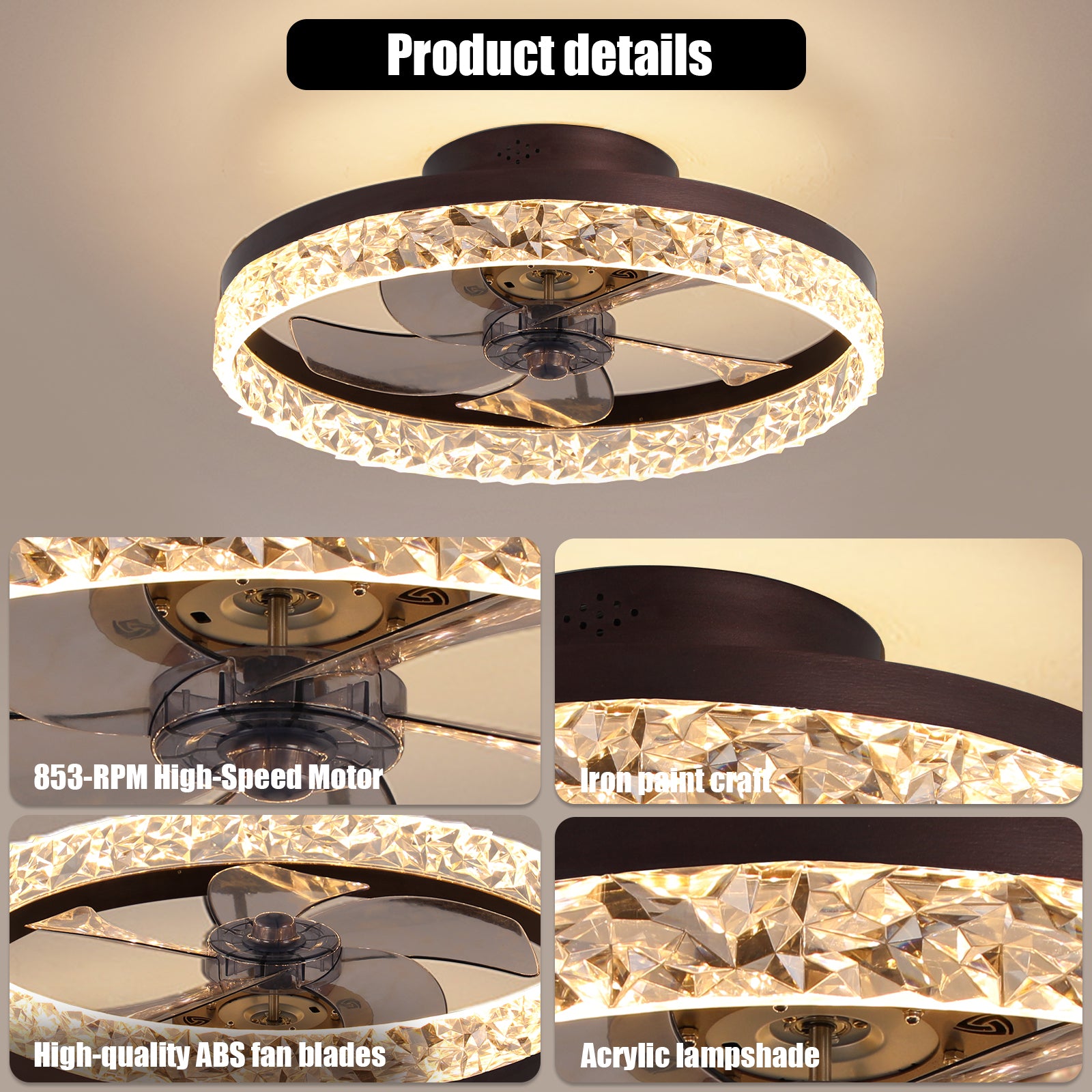 Low Profile Ceiling Fan With Light And Remote Control, Dimmable Led Ceiling Fan, 6 Speeds, Timing Reversible Blades, Brown, 20" Brown Modern Abs Aluminium